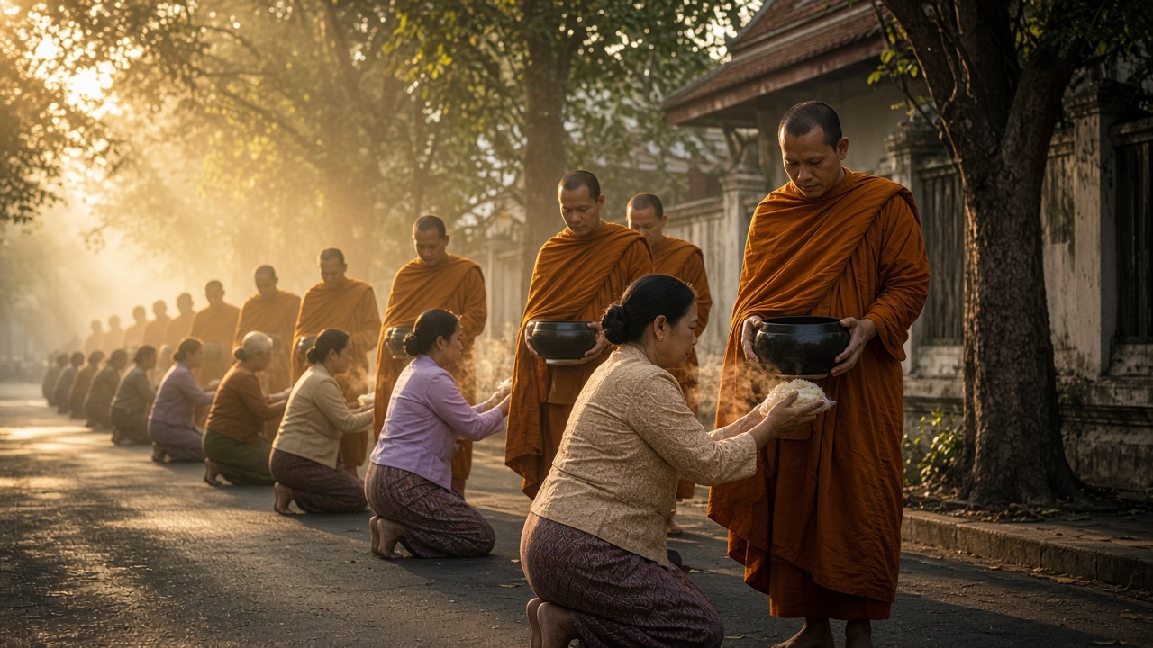 Thai monks receiving morning alms from kneeling villagers at first light