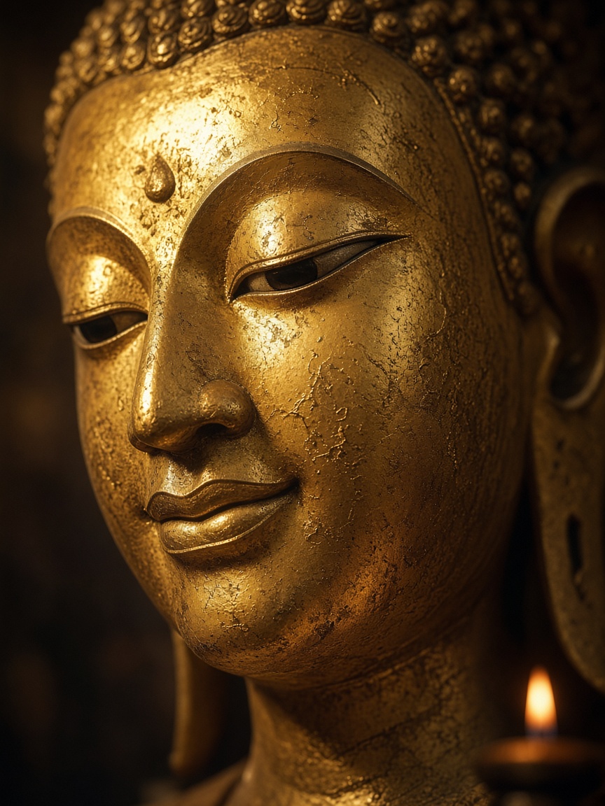Close-up of a golden Buddha face in temple light