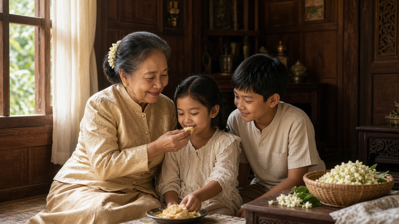 A Thai grandmother sharing food with her grandchildren