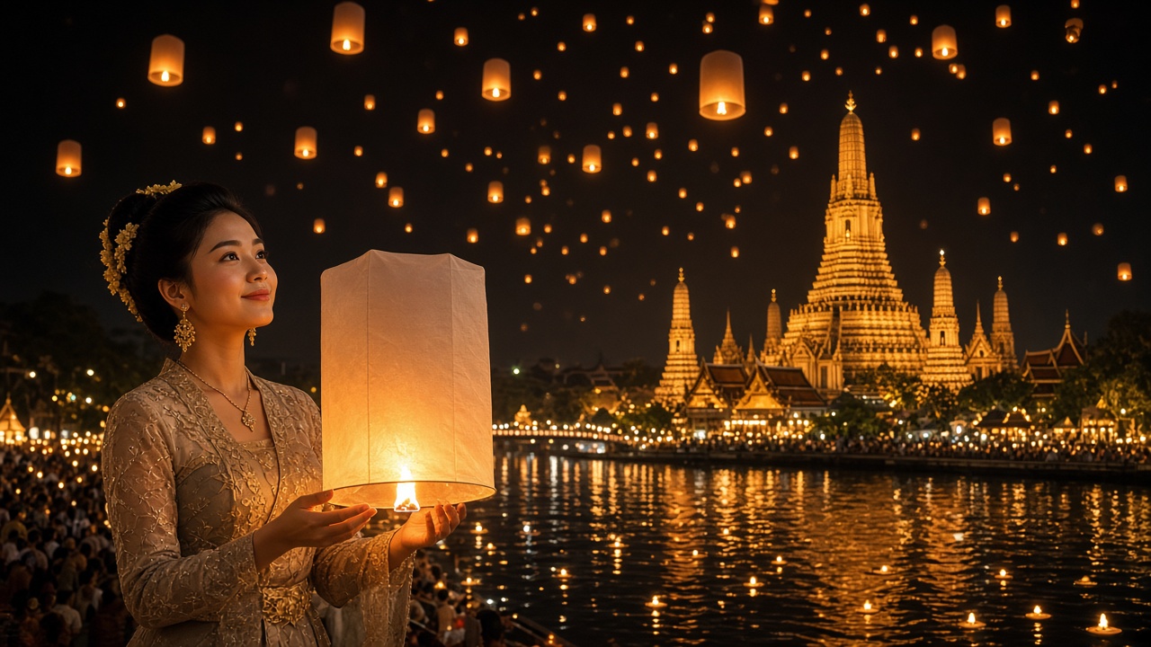 A woman in traditional Thai dress releasing a lantern during Yi Peng, with a temple glowing behind her