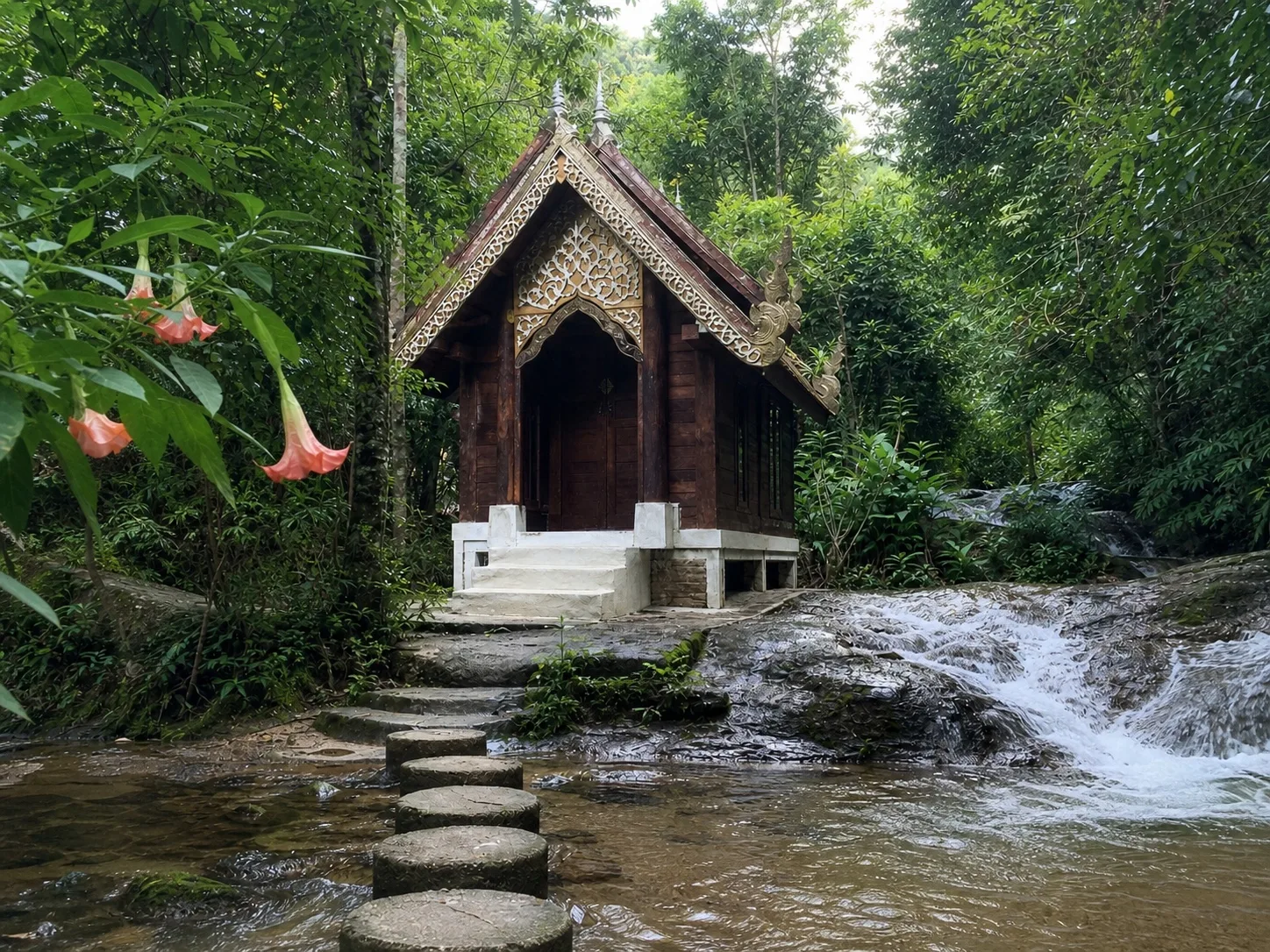 Small wooden chapel by a cascading stream with stepping stones at Wat Mae Kampong