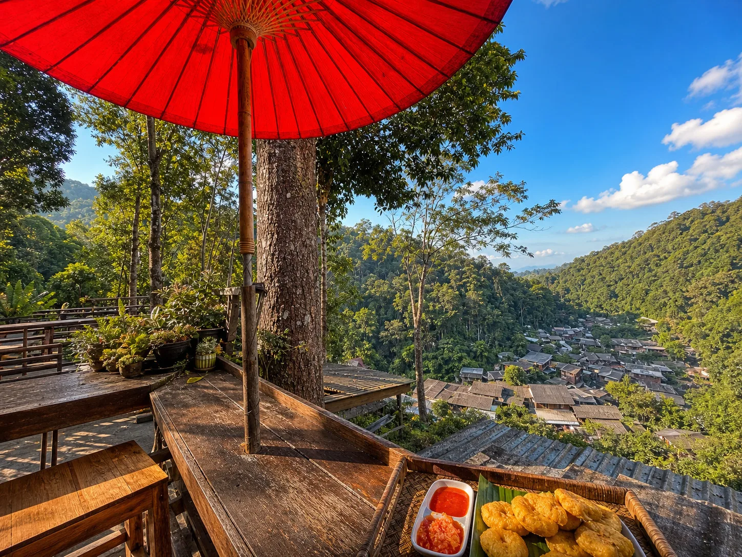 Red umbrella and fried snacks on a wooden cafe terrace overlooking Mae Kampong Village in a forested Chiang Mai valley