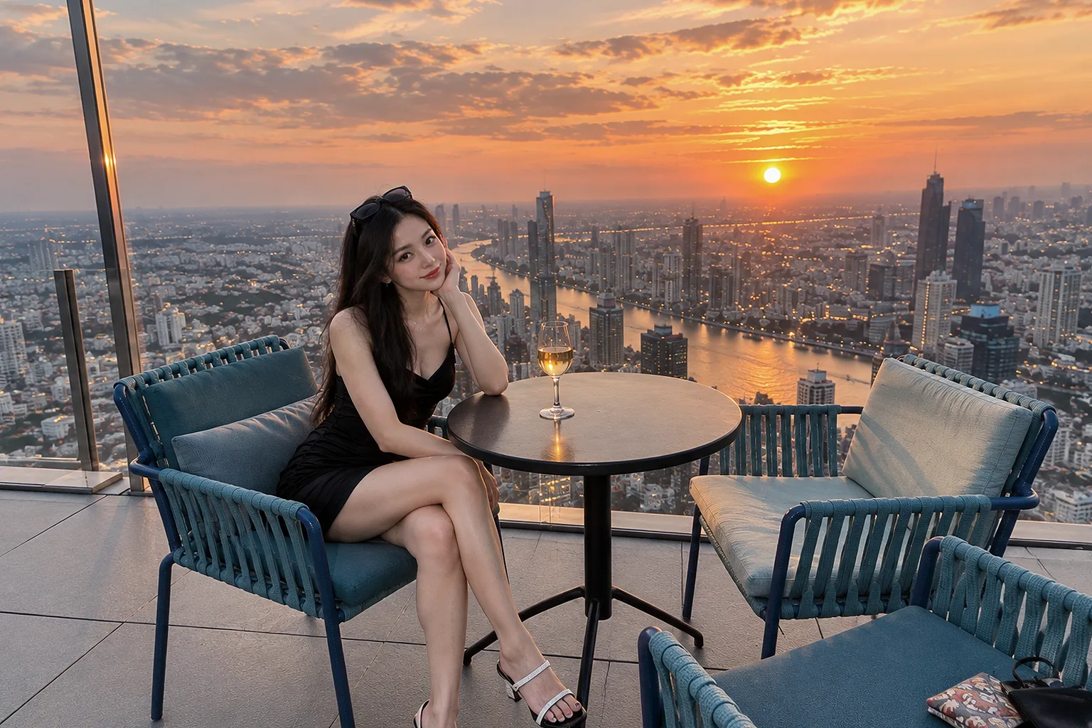 Guest on a Mahanakhon rooftop terrace at sunset with Chao Phraya views