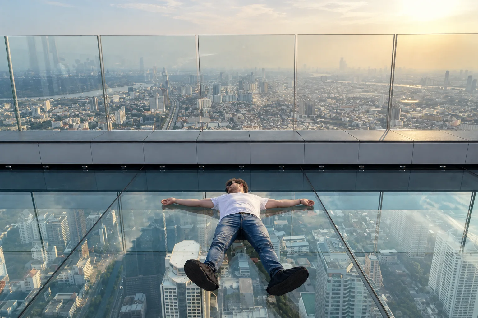 Visitor lying on the Mahanakhon SkyWalk Glass Tray above Bangkok