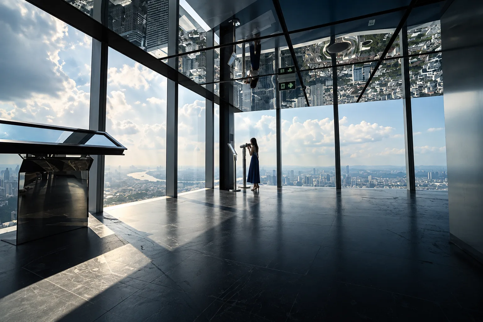 Indoor observation gallery on floor 74 with mirrored ceiling and city view