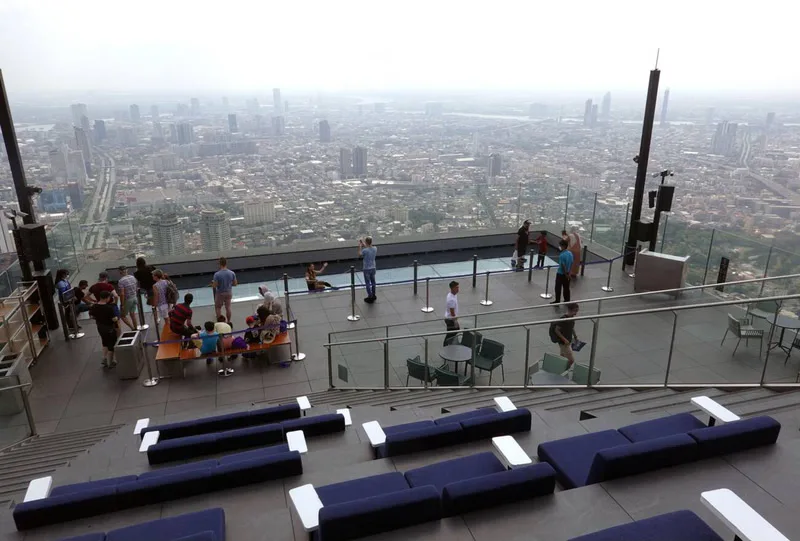 Mahanakhon SkyWalk outdoor deck with seating and Glass Tray overlooking Bangkok