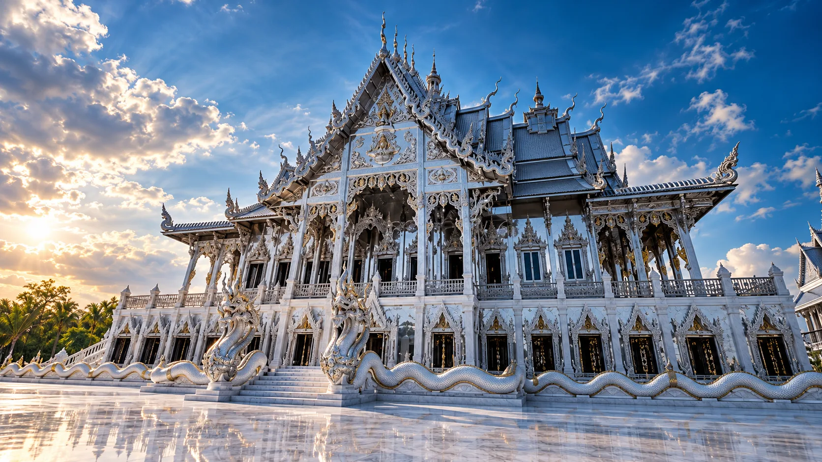 Silver-and-white glass ubosot of Wat Phuttha Prommayan with naga guardians under blue sky