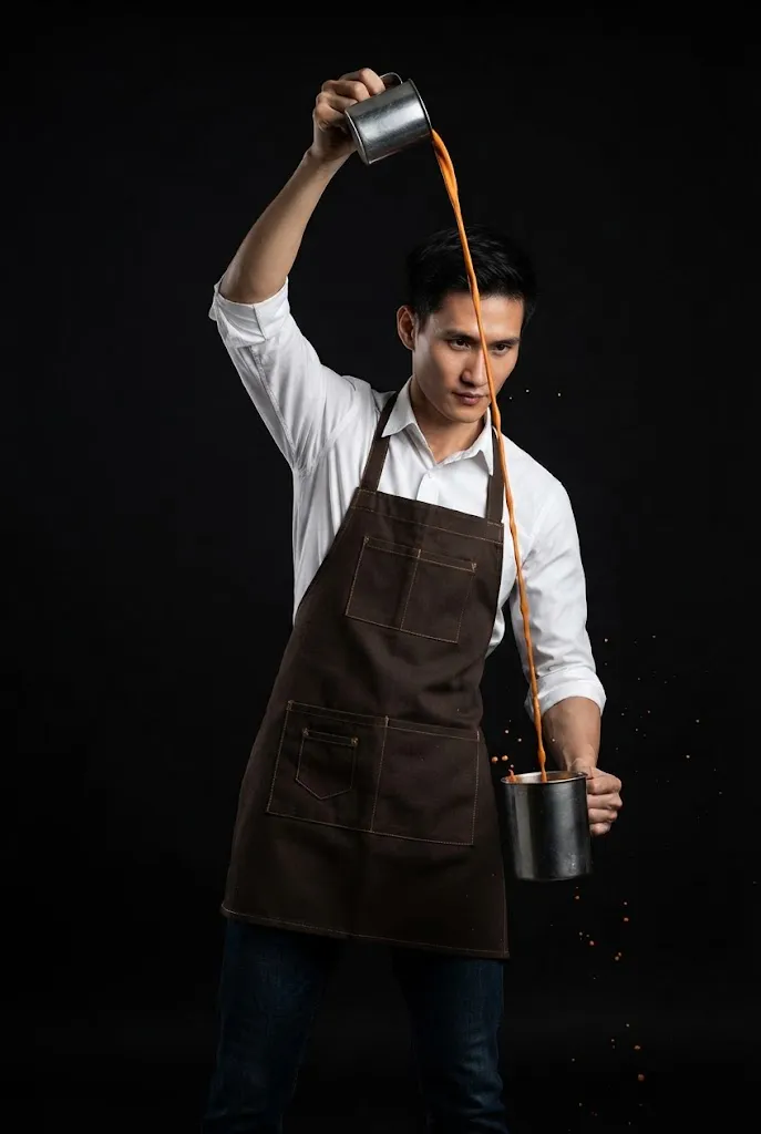 Tea master pouring Cha Chak pulled tea between two metal mugs