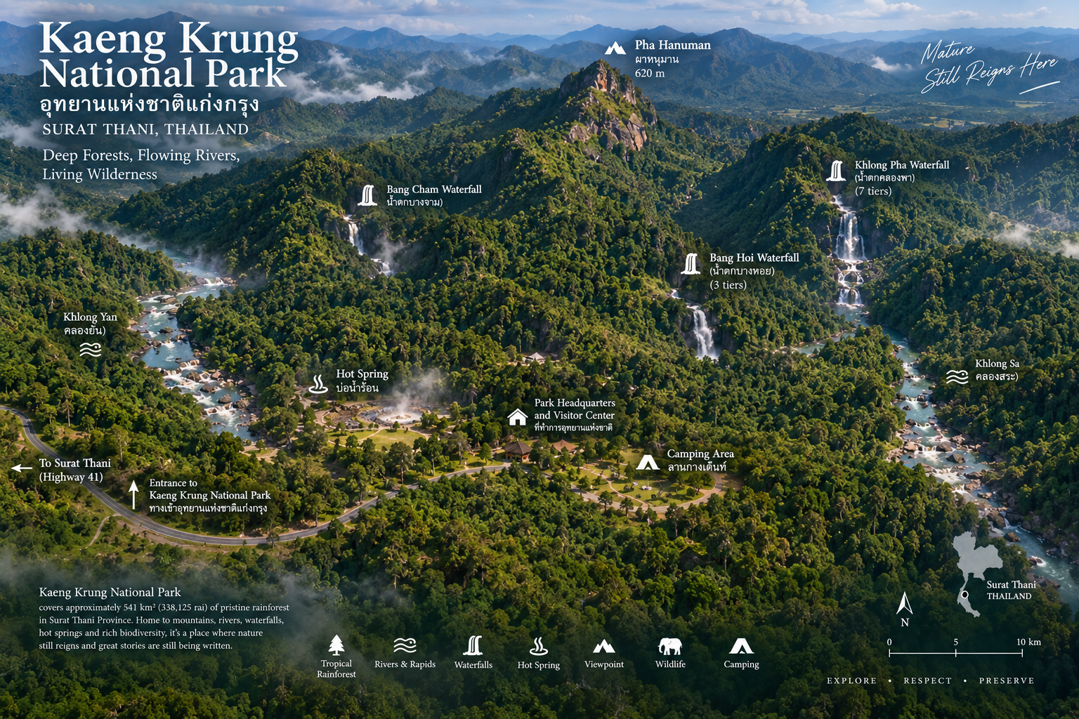 Illustrated landscape map of Kaeng Krung National Park showing Pha Hanuman, Bang Hoi, Bang Cham and Khlong Pha waterfalls, Khlong Yan, the hot spring, camping and park headquarters