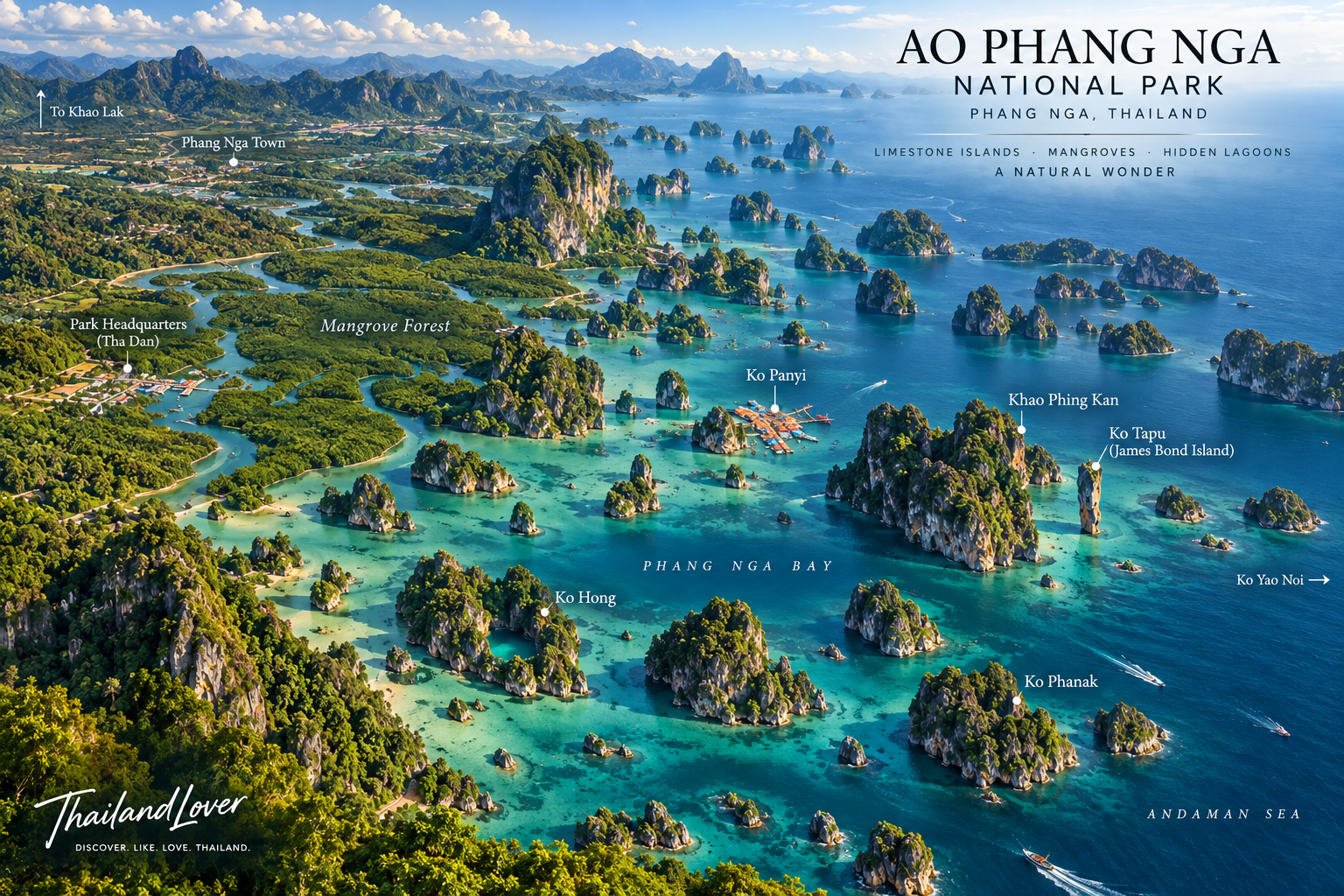 Overview map of Ao Phang Nga National Park showing Phang Nga Bay, Ko Tapu, Ko Panyi, Ko Hong, mangroves and nearby destinations