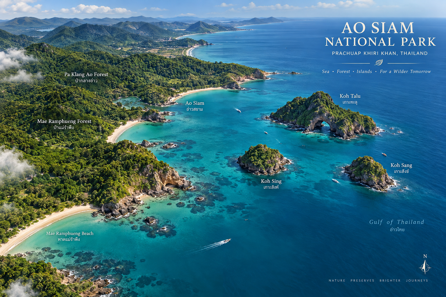 Overview of Ao Siam National Park showing Pa Klang Ao forest, Mae Ramphueng Beach, Koh Talu, Koh Sing and Koh Sang