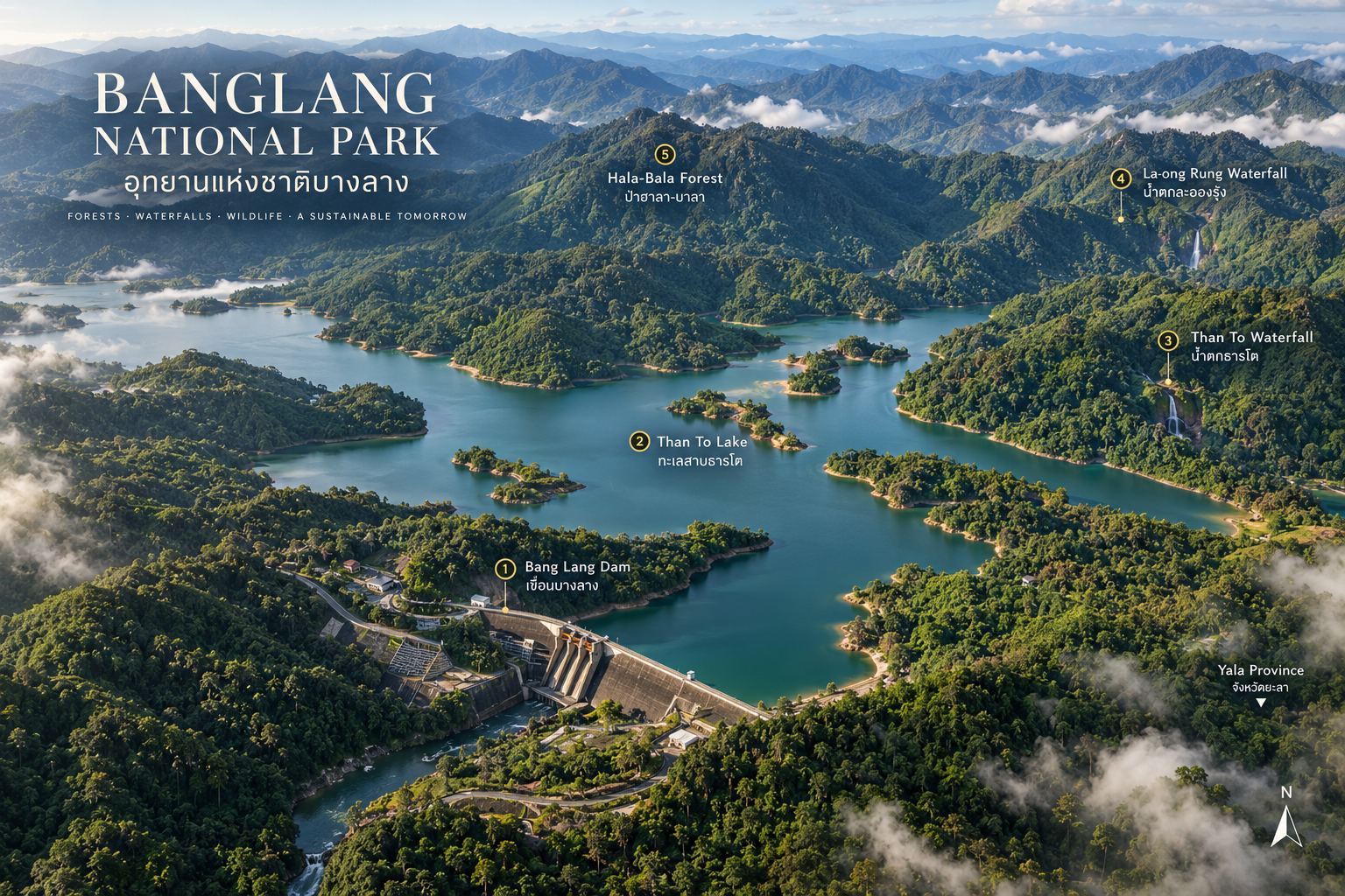 Overview of Bang Lang National Park showing Bang Lang Dam, Than To Lake, Than To Waterfall, La-ong Rung Waterfall and Hala-Bala Forest