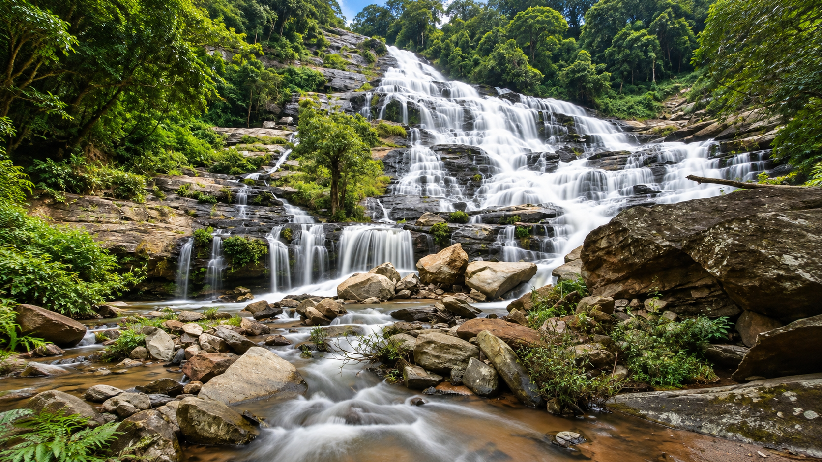 Multi-tiered rainforest waterfall surrounded by dense forest in Budo–Su-ngai Padi National Park