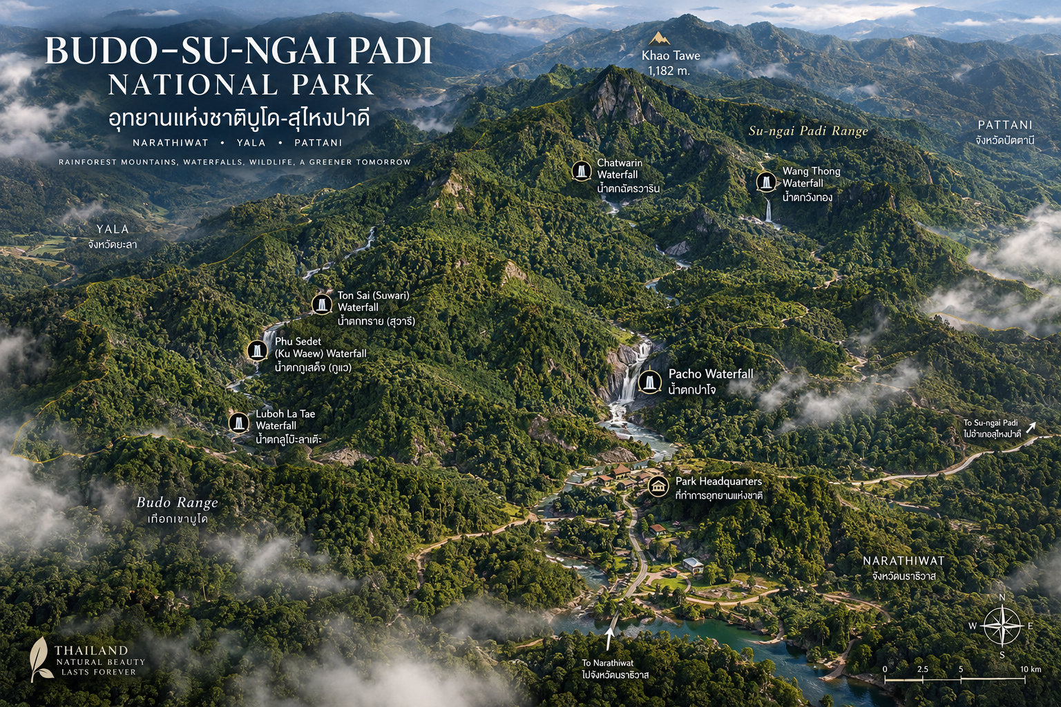 Overview map of Budo–Su-ngai Padi National Park showing the Budo and Su-ngai Padi ranges, Pacho Waterfall, Chatwarin Waterfall, Wang Thong Waterfall and surrounding provinces