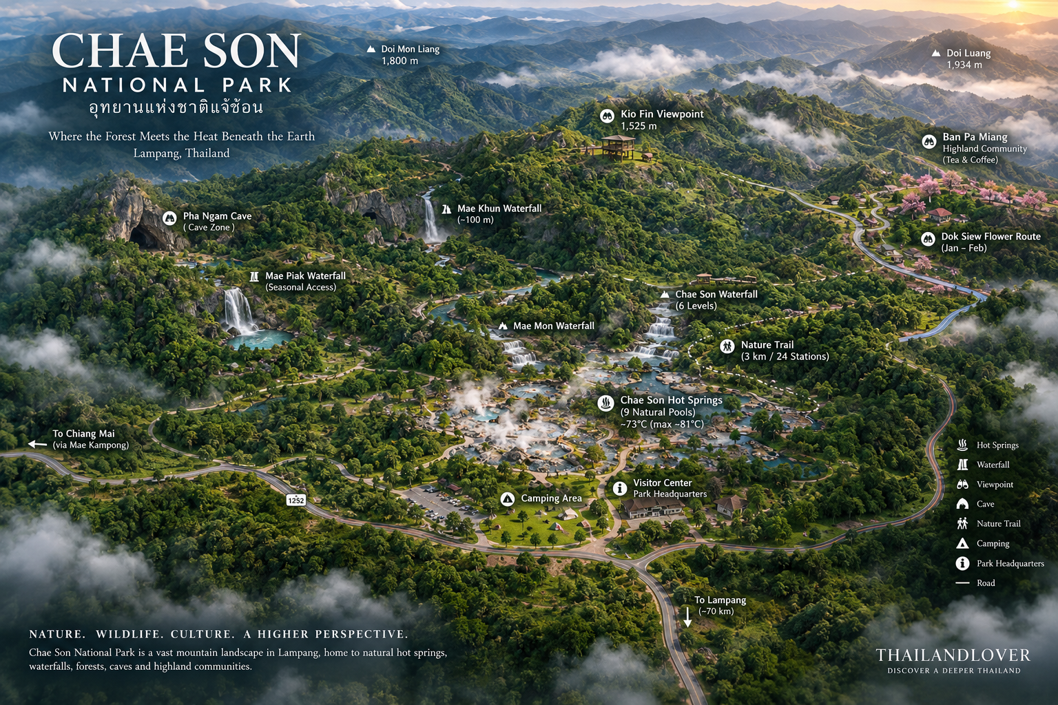 Overview map of Chae Son National Park showing hot springs, Chae Son Waterfall, Kio Fin viewpoint, Mae Piak Waterfall, Pha Ngam Cave and Ban Pa Miang