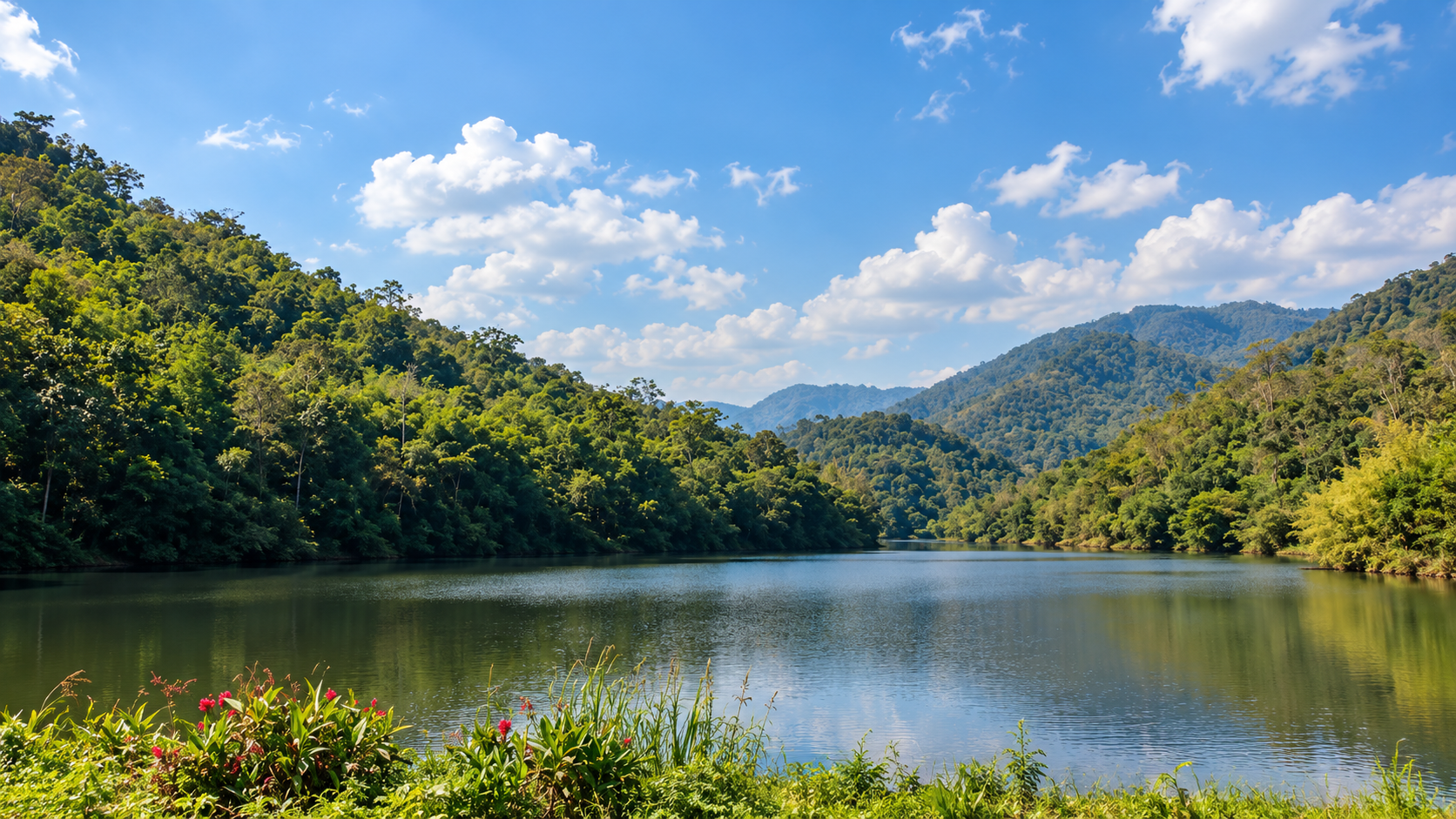 Thai Prachan Reservoir surrounded by forested mountains under a clear sky at Chaloem Phrakiat Thai Prachan National Park