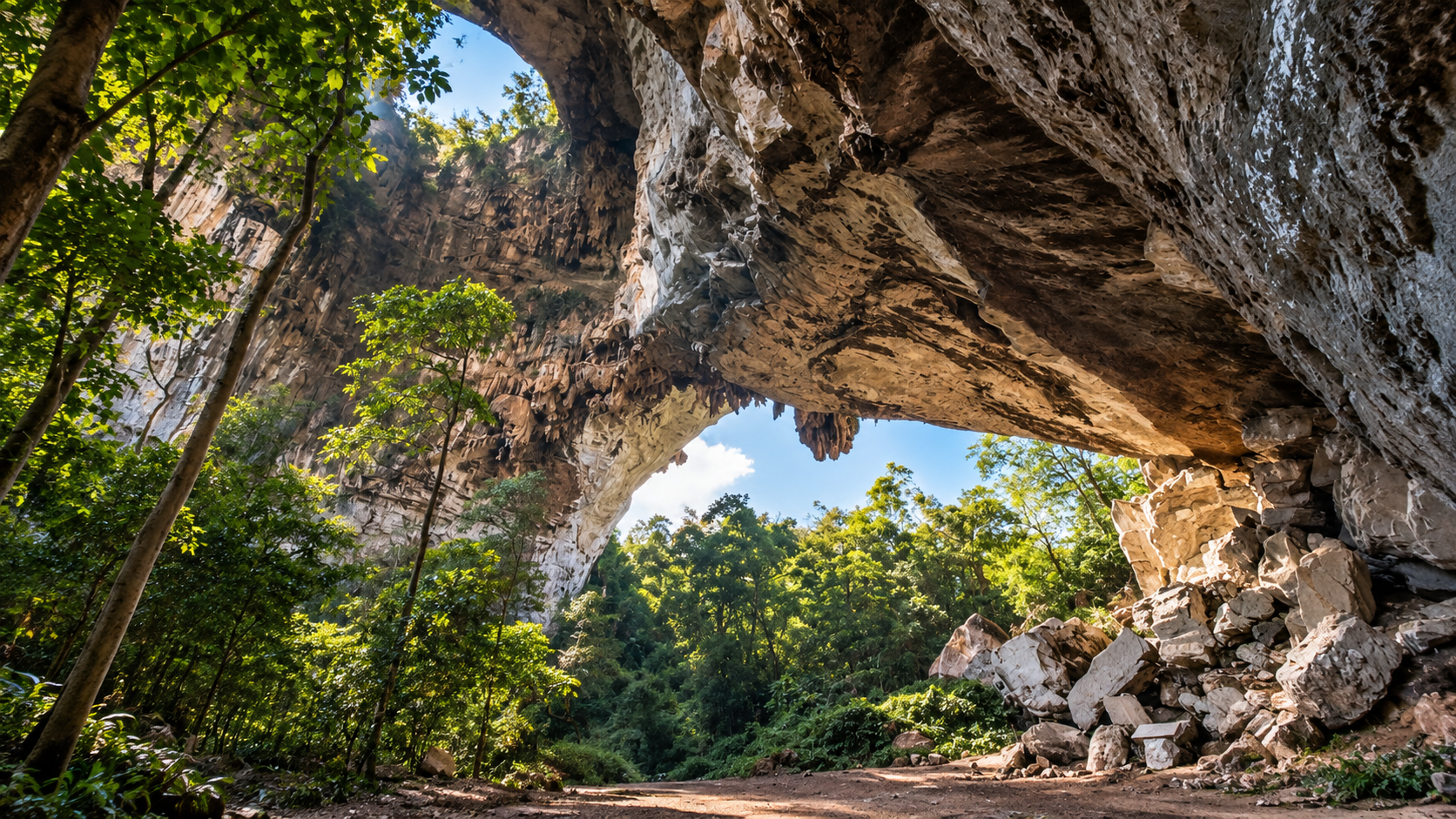 Looking out through Tham Than Lot Yai natural bridge toward sunlit forest in Chaloem Rattanakosin National Park