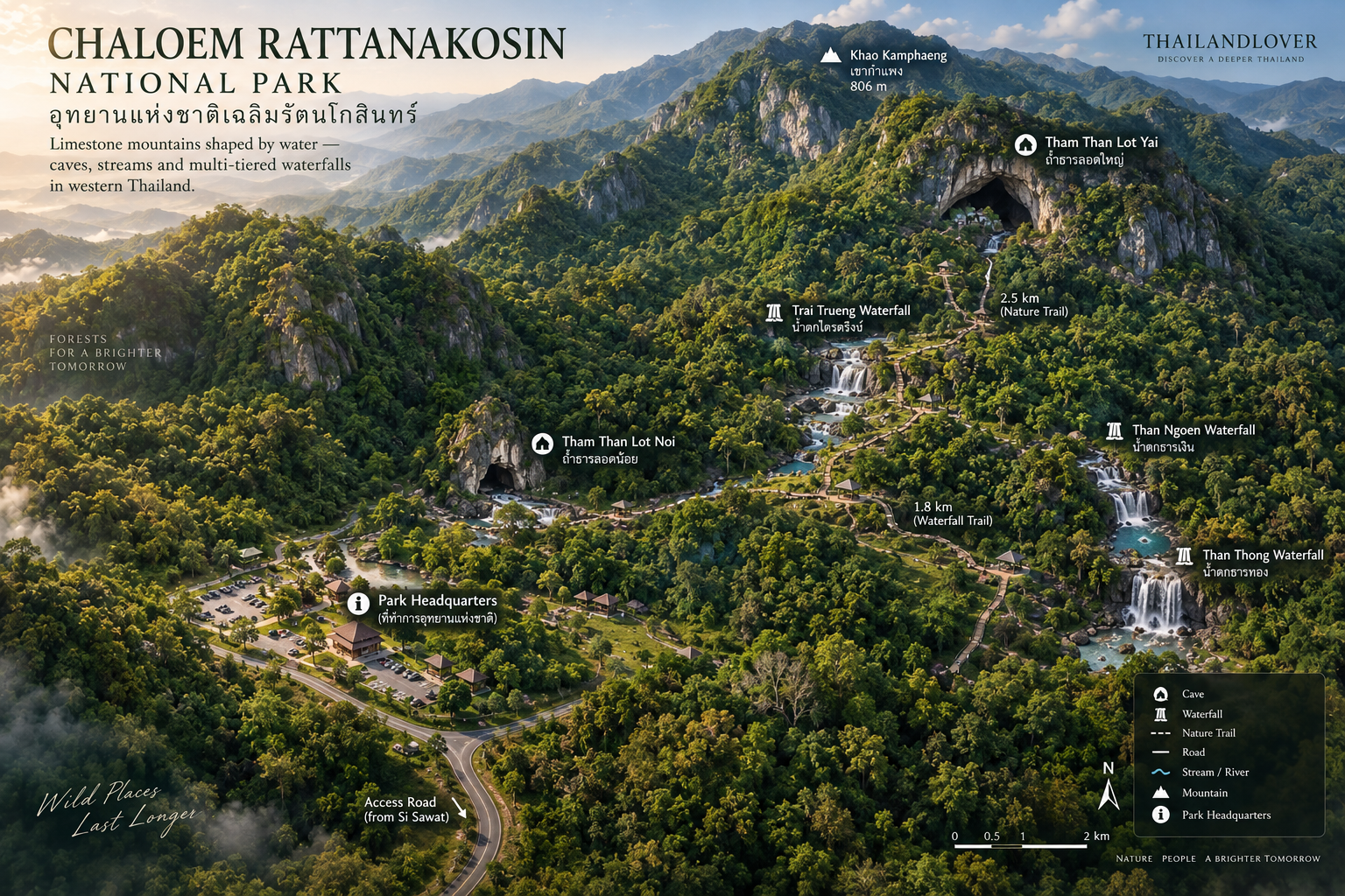 Illustrated map of Chaloem Rattanakosin National Park showing park headquarters, Tham Than Lot Noi, Traitrung Waterfall, Tham Than Lot Yai, Than Ngoen and Than Thong waterfalls, nature trail and Khao Kamphaeng