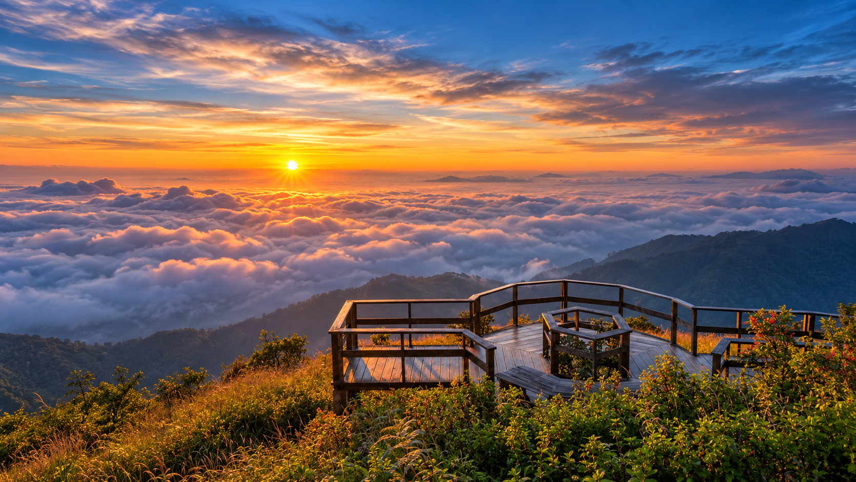 Sunrise sea of clouds from a mountain viewpoint at Doi Inthanon National Park, Chiang Mai