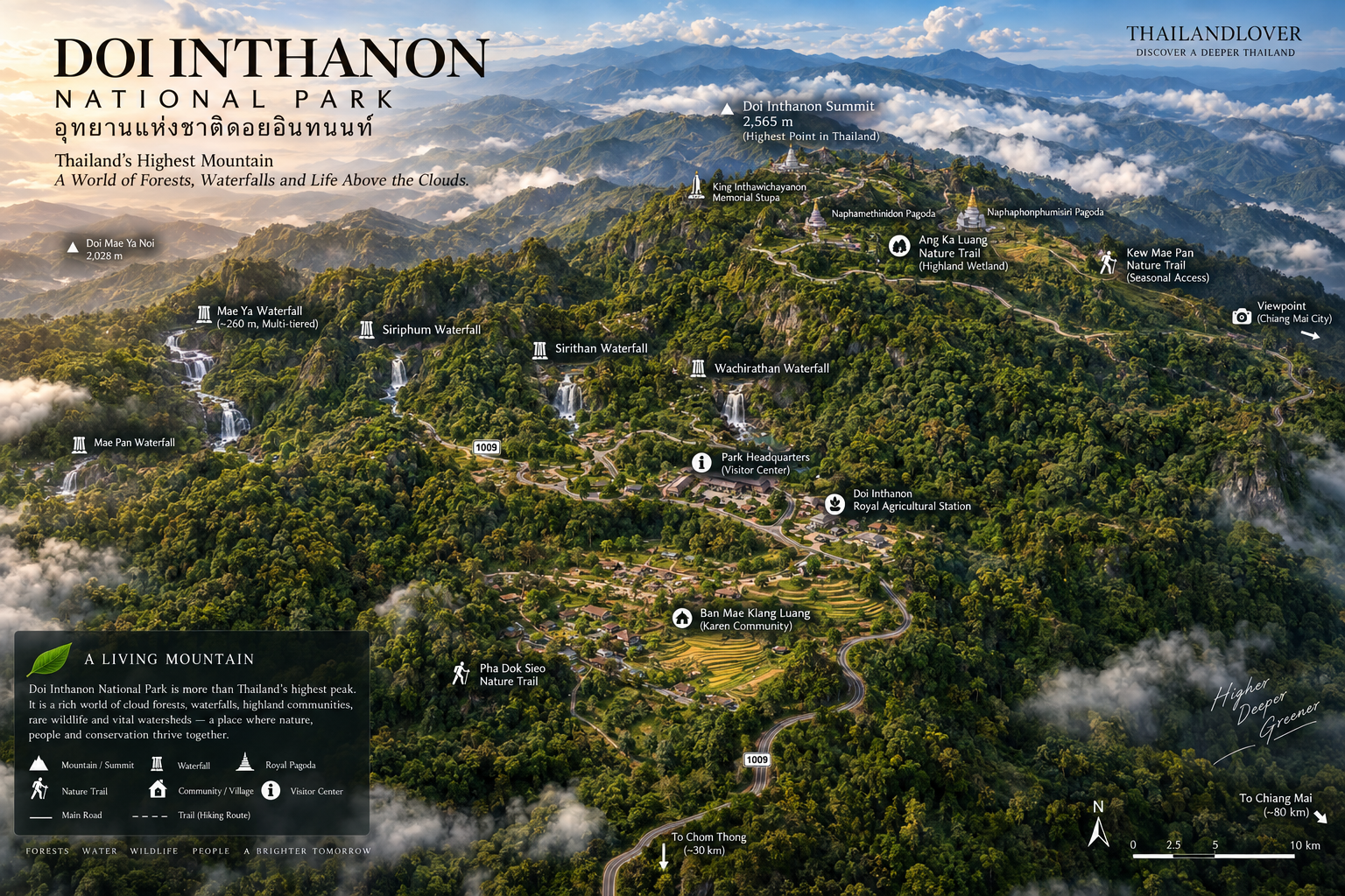 Illustrated map of Doi Inthanon National Park showing the 2,565 m summit, Twin Royal Pagodas, Kew Mae Pan and Ang Ka trails, major waterfalls, Ban Mae Klang Luang and Road 1009