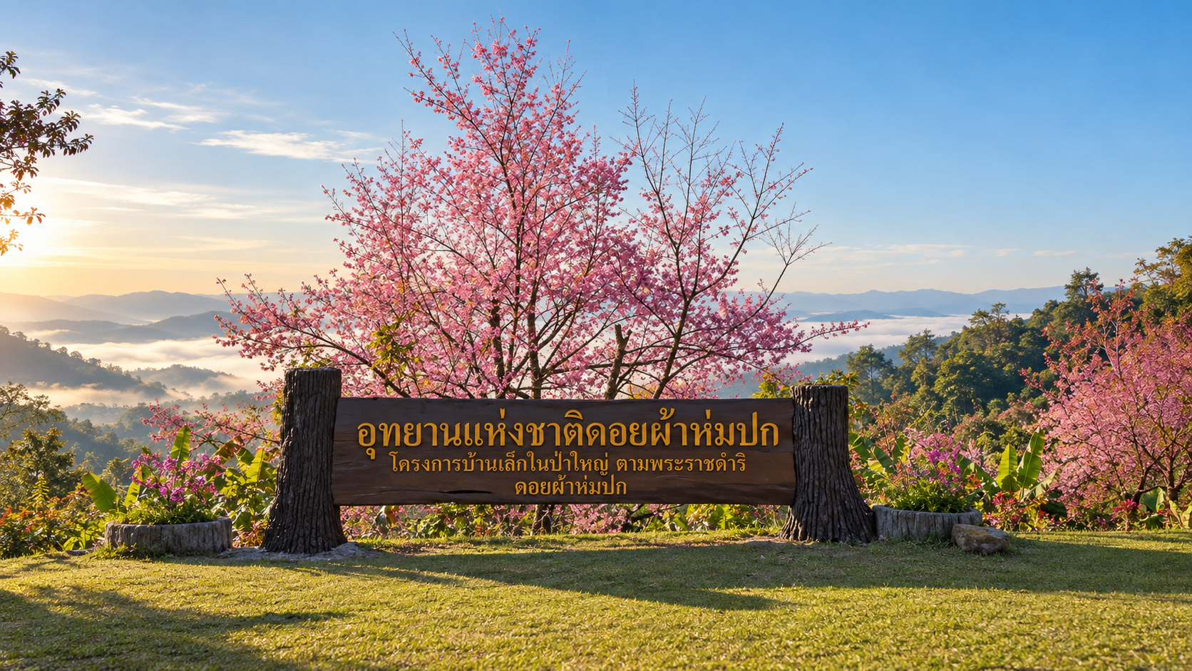 Cherry blossom and wooden park sign at Doi Pha Hom Pok National Park, Chiang Mai