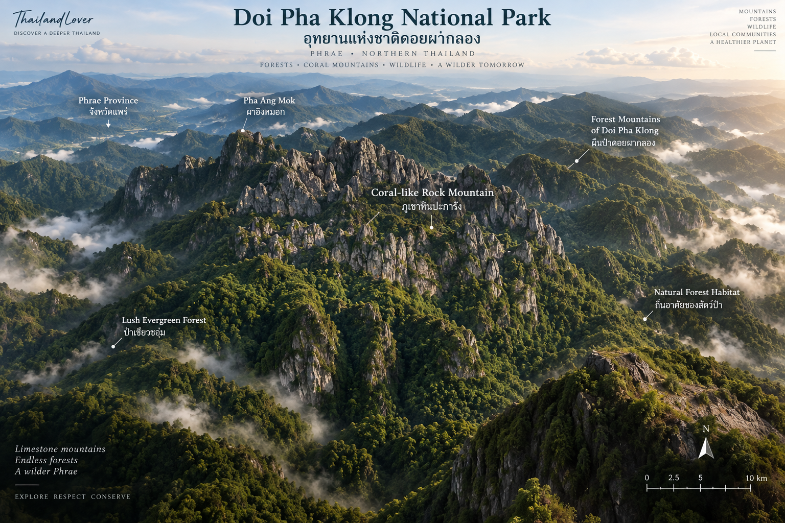 Map of Doi Pha Klong National Park in Phrae showing Coral Rock Mountain, forest mountains and Phrae Province