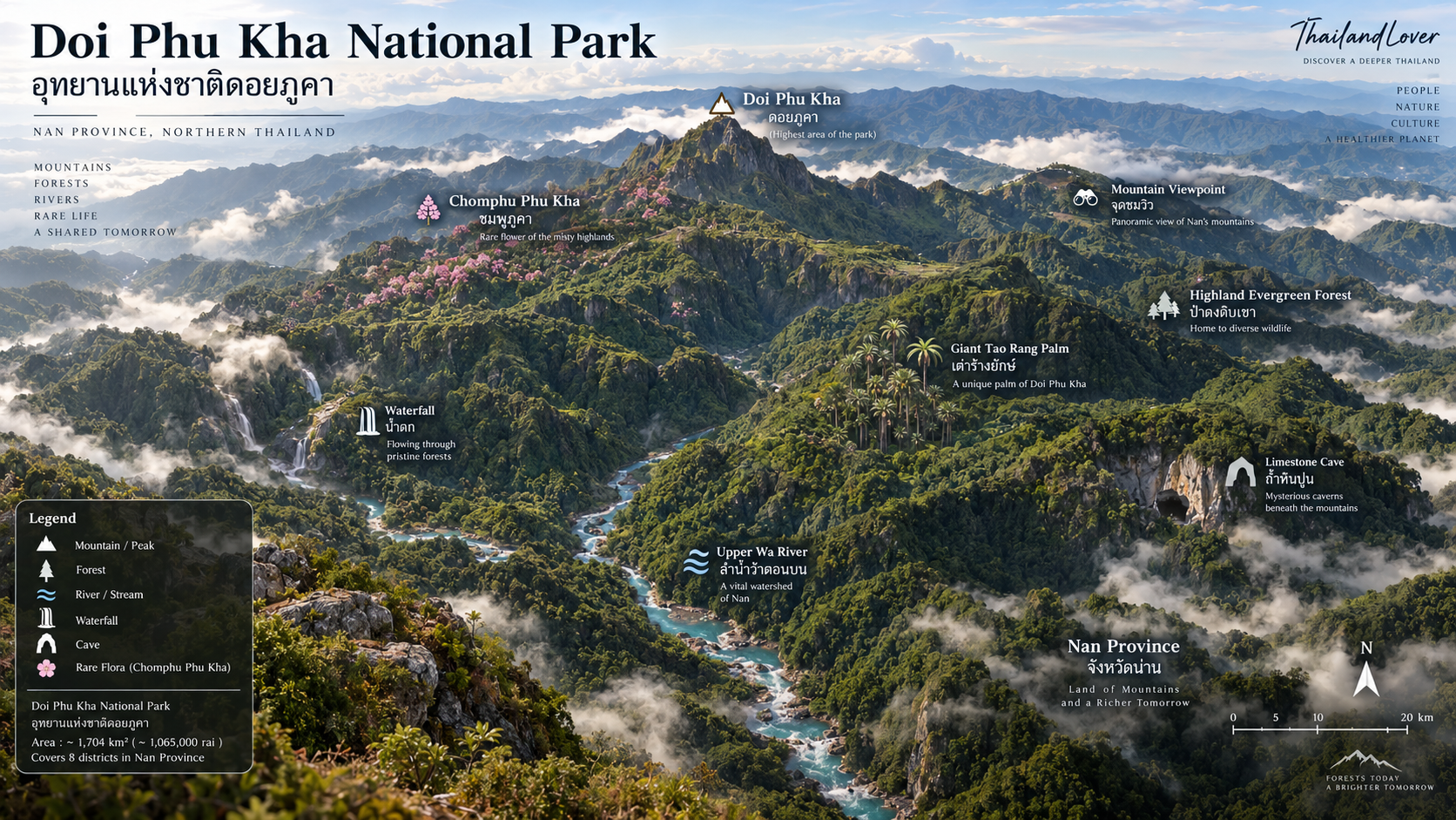 3D bird's-eye view of Doi Phu Kha National Park in Nan, Thailand