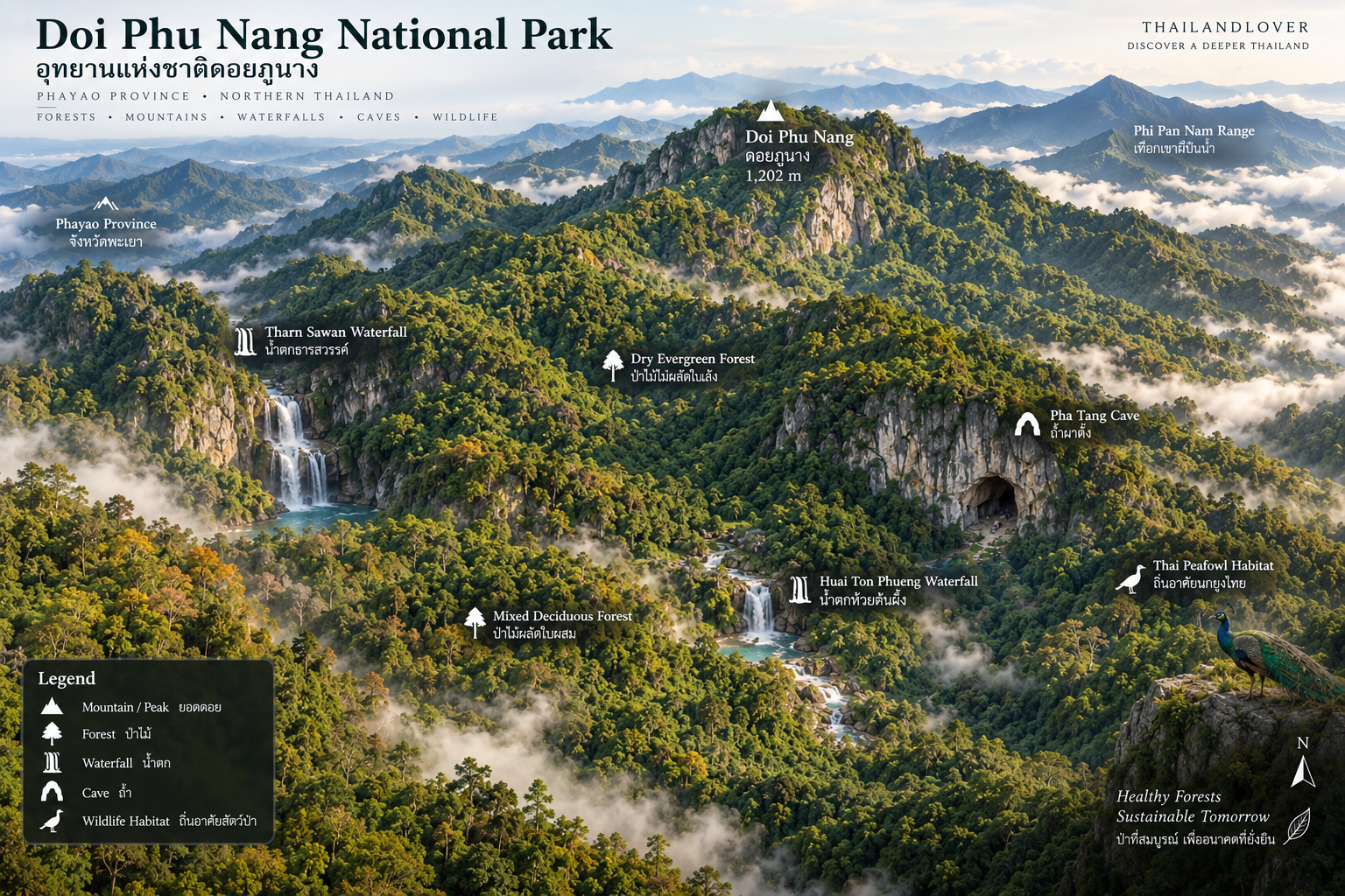 3D bird's-eye view of Doi Phu Nang National Park in Phayao, Thailand