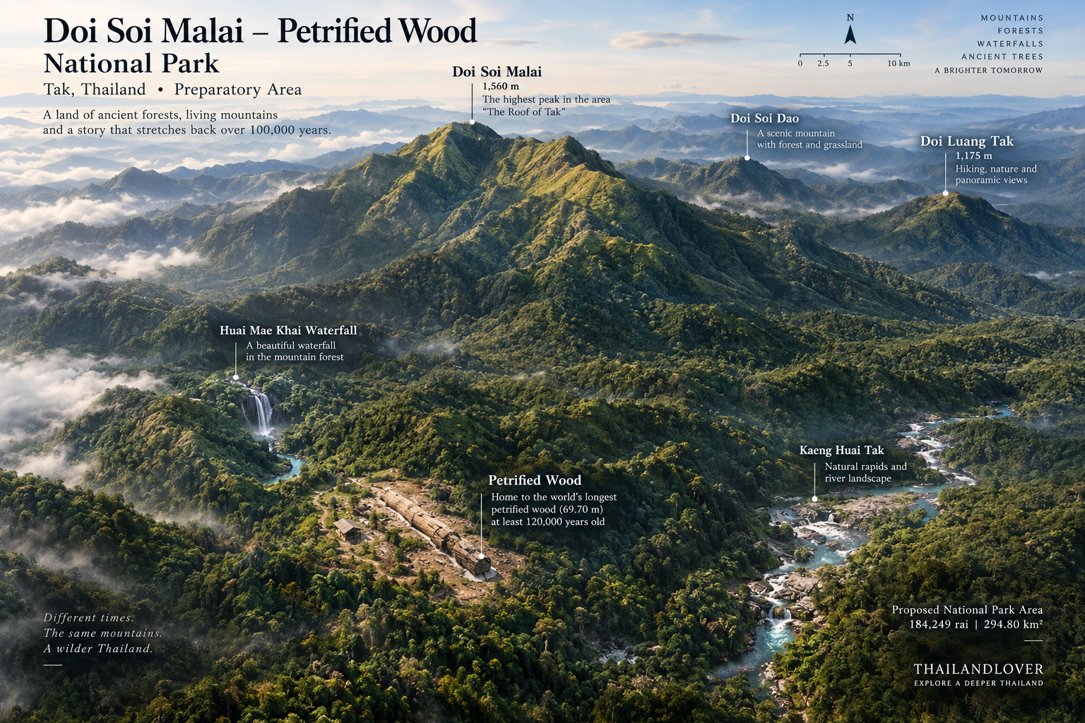 Map of Doi Soi Malai National Park in Tak showing Doi Soi Malai, Doi Soi Dao, Doi Luang Tak, Huai Mae Khai Waterfall, Kaeng Huai Tak and the petrified wood site