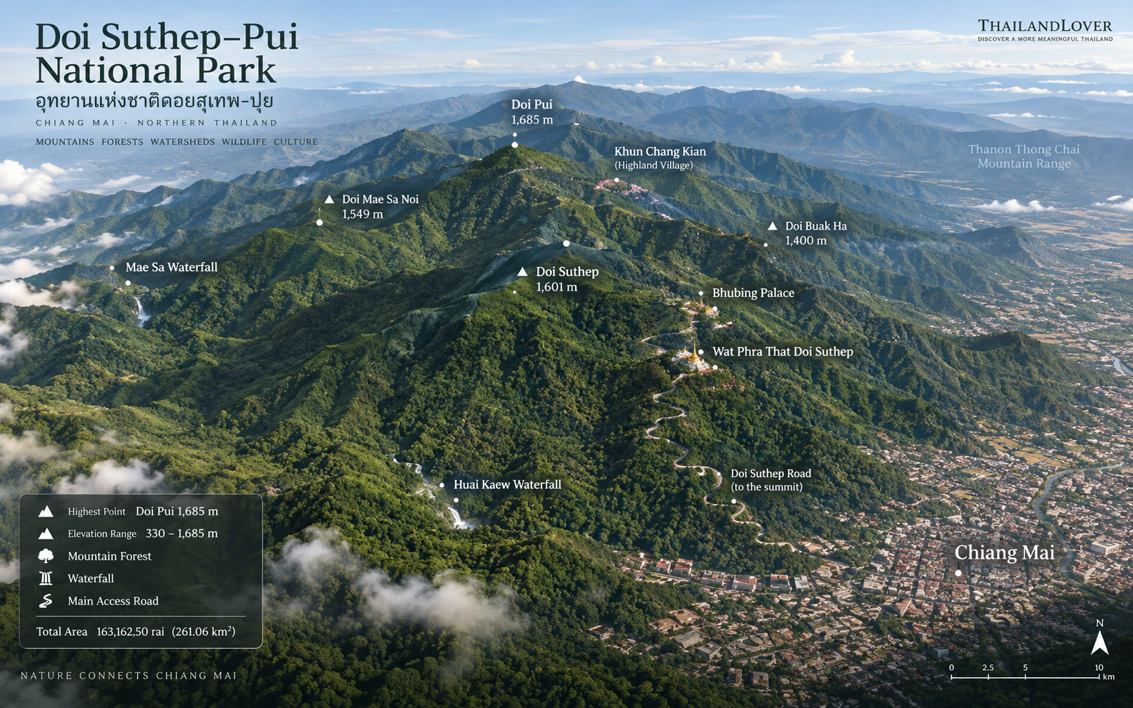 Map of Doi Suthep–Pui National Park showing Doi Pui, Doi Suthep, Khun Chang Kian, Bhubing Palace, Wat Phra That Doi Suthep, Huai Kaew Waterfall and Chiang Mai
