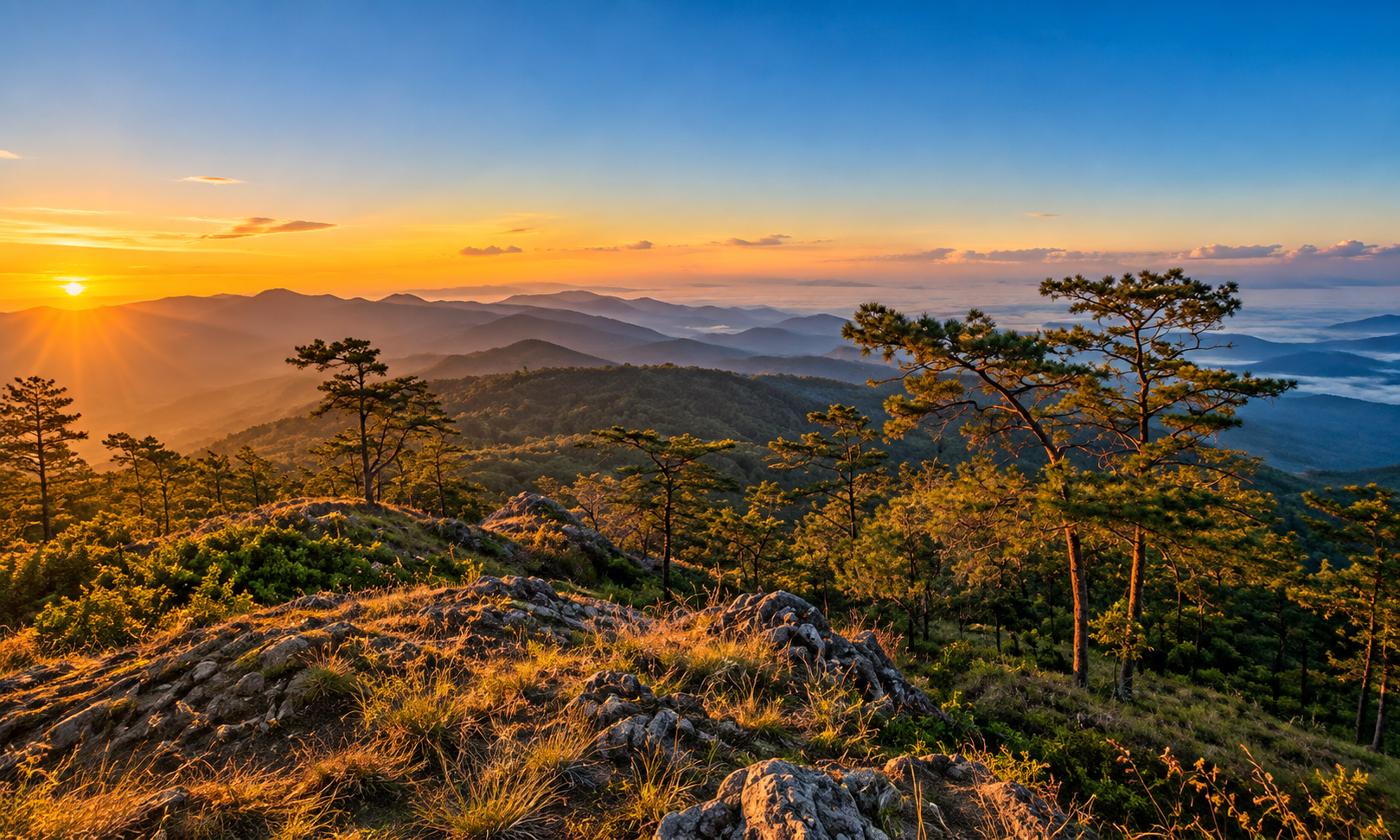 Sunset over pine ridges at Doi Wiang Pha National Park in Chiang Mai and Chiang Rai