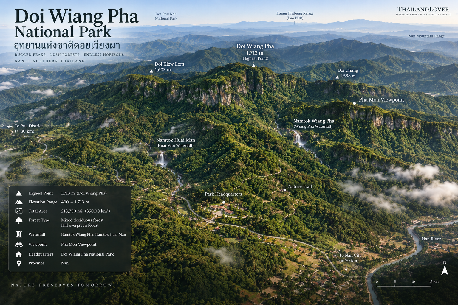 Landscape map of Doi Wiang Pha showing forested ridges, waterfalls, a viewpoint and the park office area