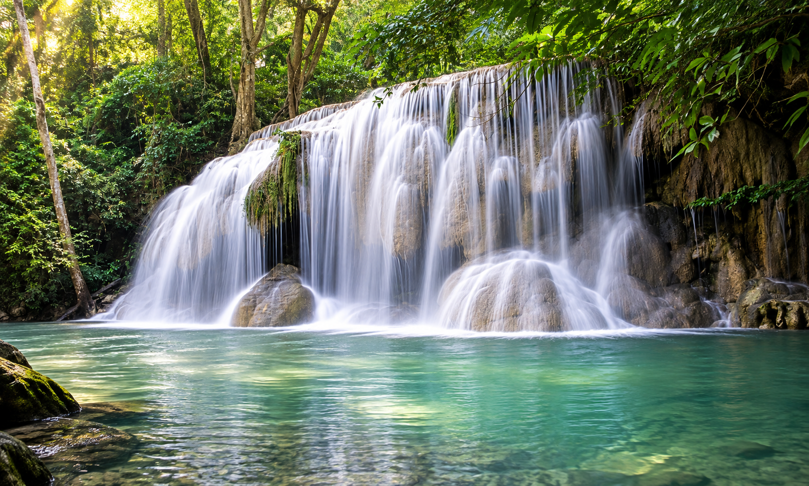Emerald pool and limestone cascade at Erawan National Park, Kanchanaburi