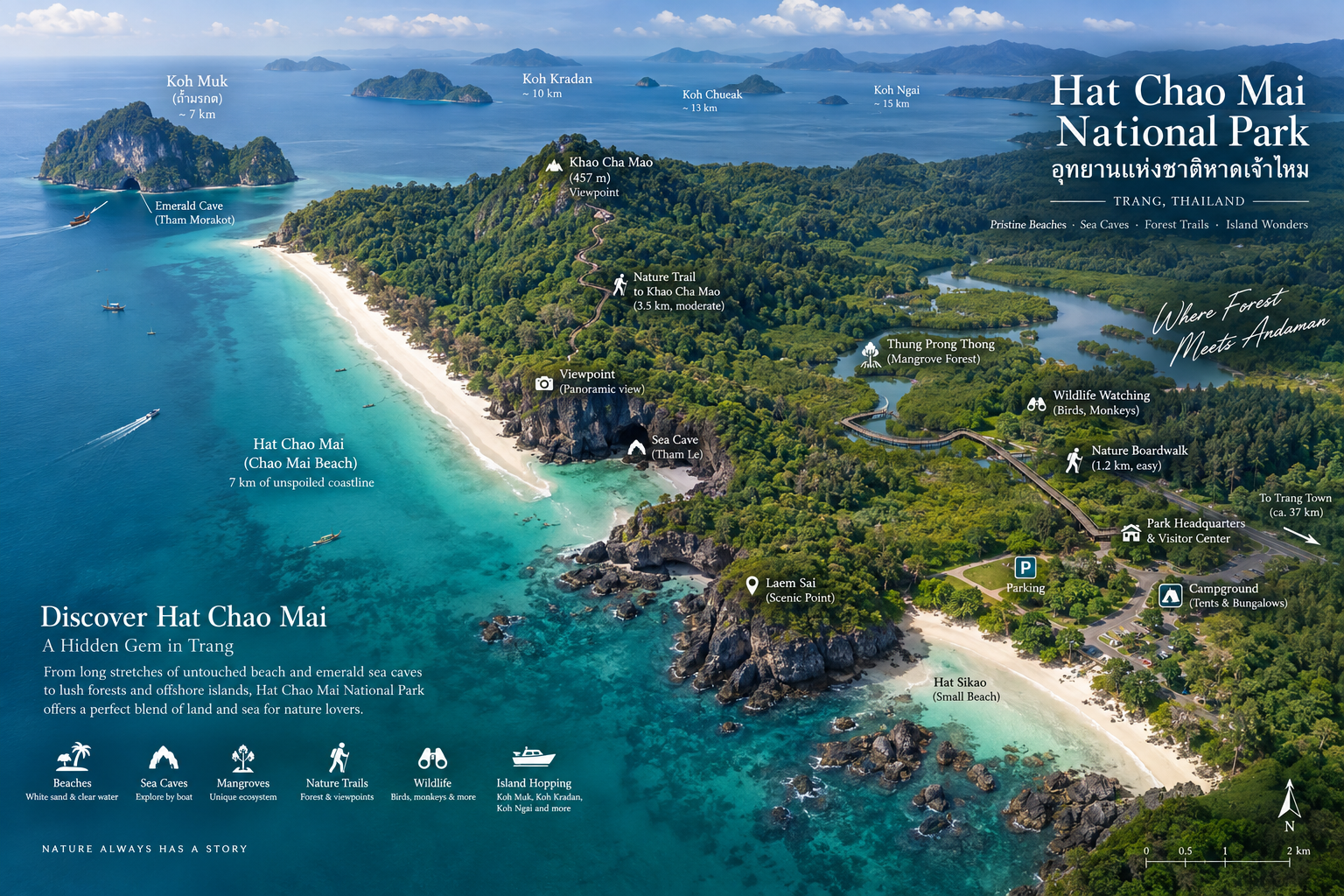Landscape map of Hat Chao Mai National Park showing Chao Mai Beach, limestone headlands, mangrove forest, park headquarters and the offshore islands toward Koh Muk and Koh Kradan