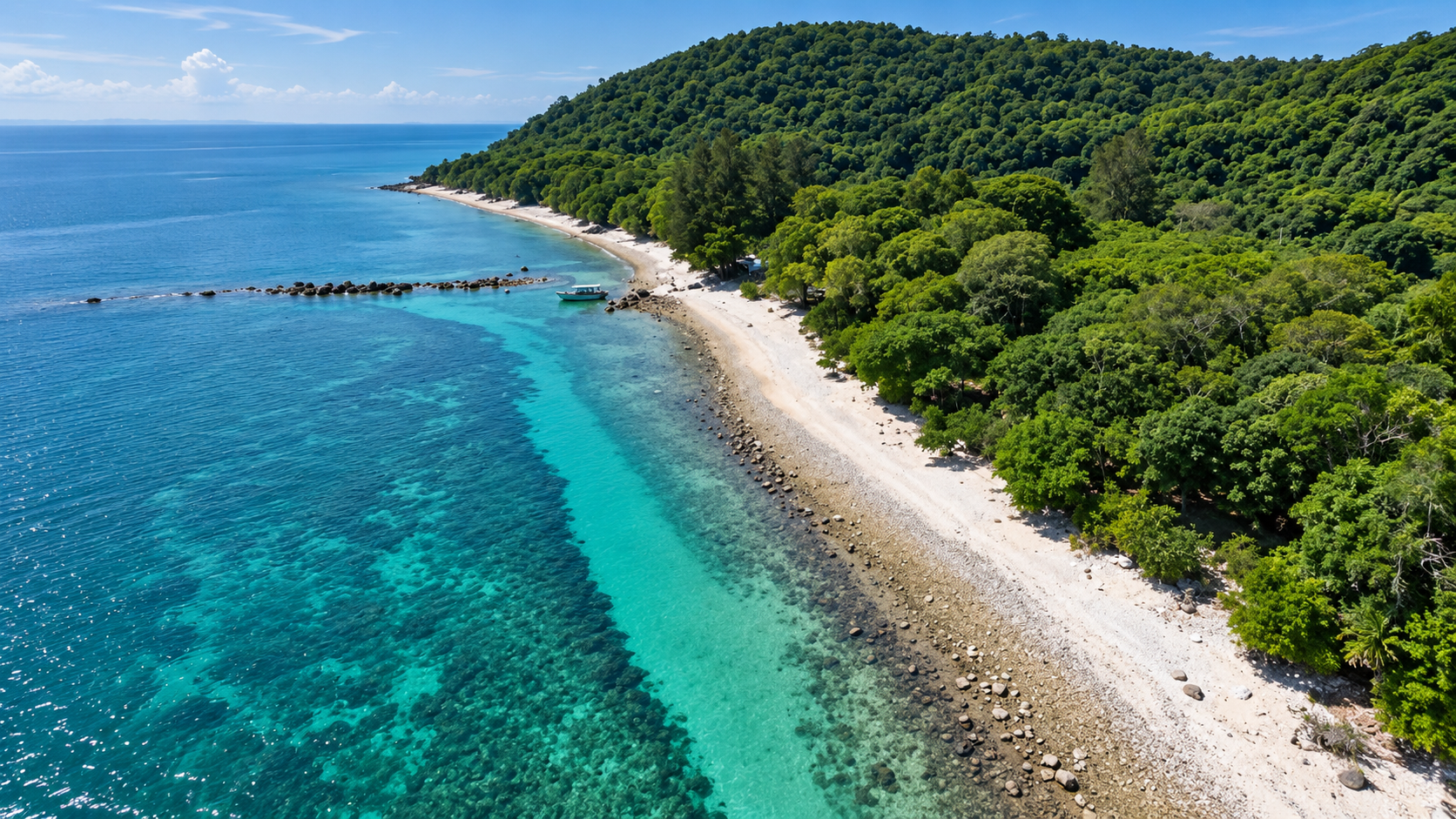 Pale sandy beach and clear reef shallows along the Khanom Gulf coastline