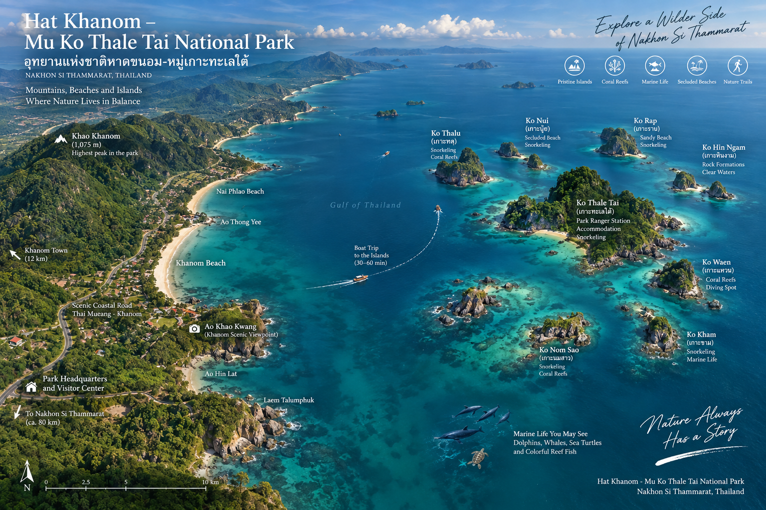 Landscape map of Hat Khanom–Mu Ko Thale Tai showing Khanom beaches, forested hills, Gulf islands and the coastal road