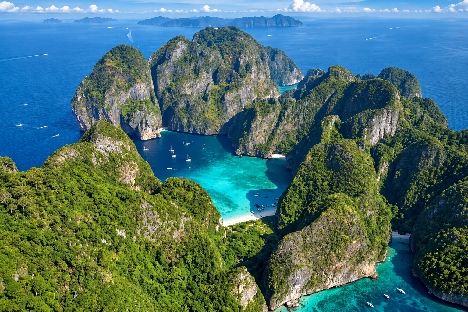 Aerial view of Maya Bay and limestone cliffs on Ko Phi Phi Leh