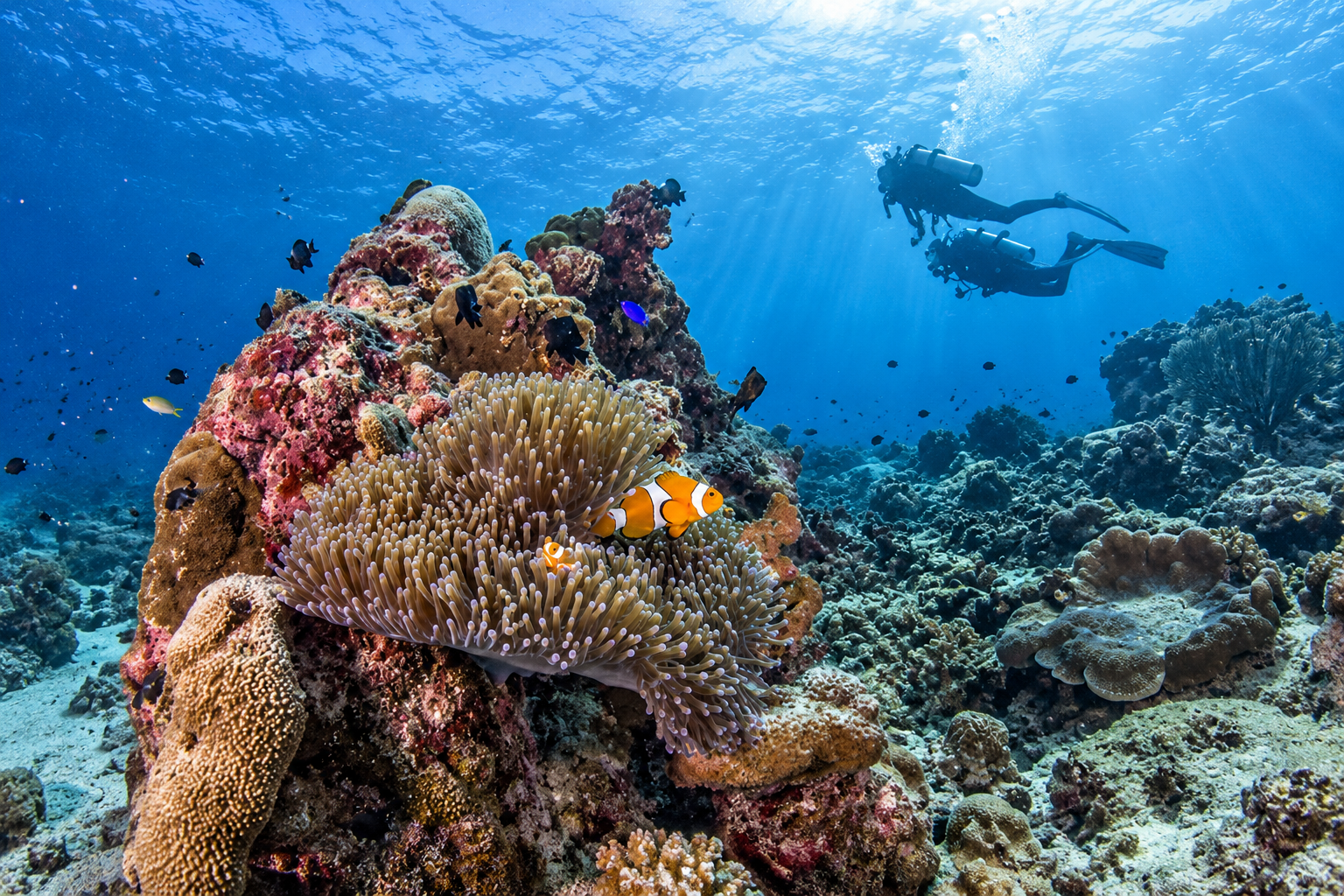 Clownfish in anemone and divers over coral reef in the Phi Phi marine park