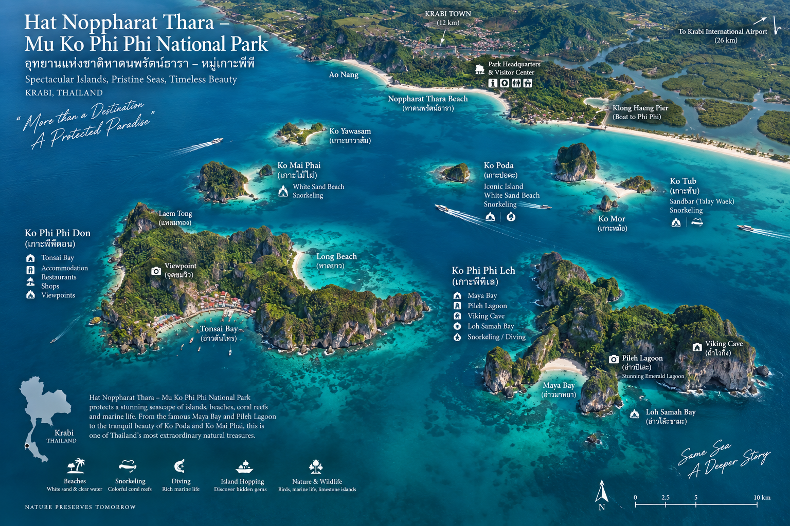 Illustrated map of Hat Noppharat Thara–Mu Ko Phi Phi National Park showing Ao Nang, Noppharat Thara Beach, Phi Phi Don, Phi Phi Leh, Maya Bay, Poda and Tup