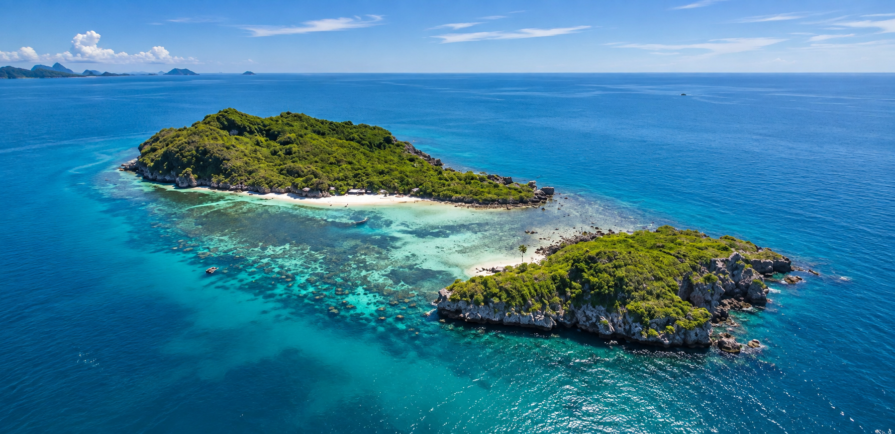 Aerial view of forested Gulf islands and shallow coral reef at Hat Wanakon National Park