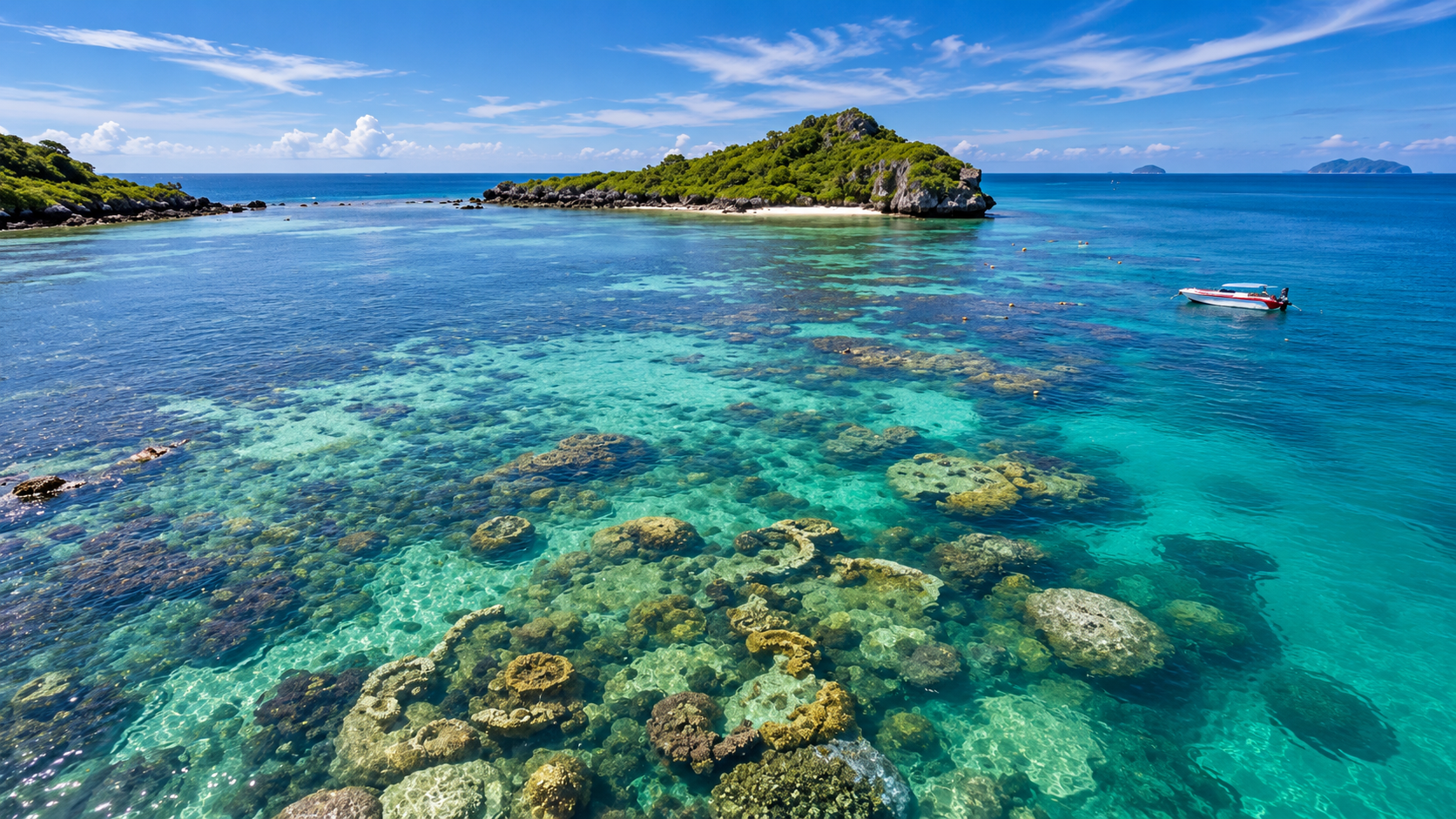 Shallow coral reef and a small forested island in clear Gulf water at Hat Wanakon
