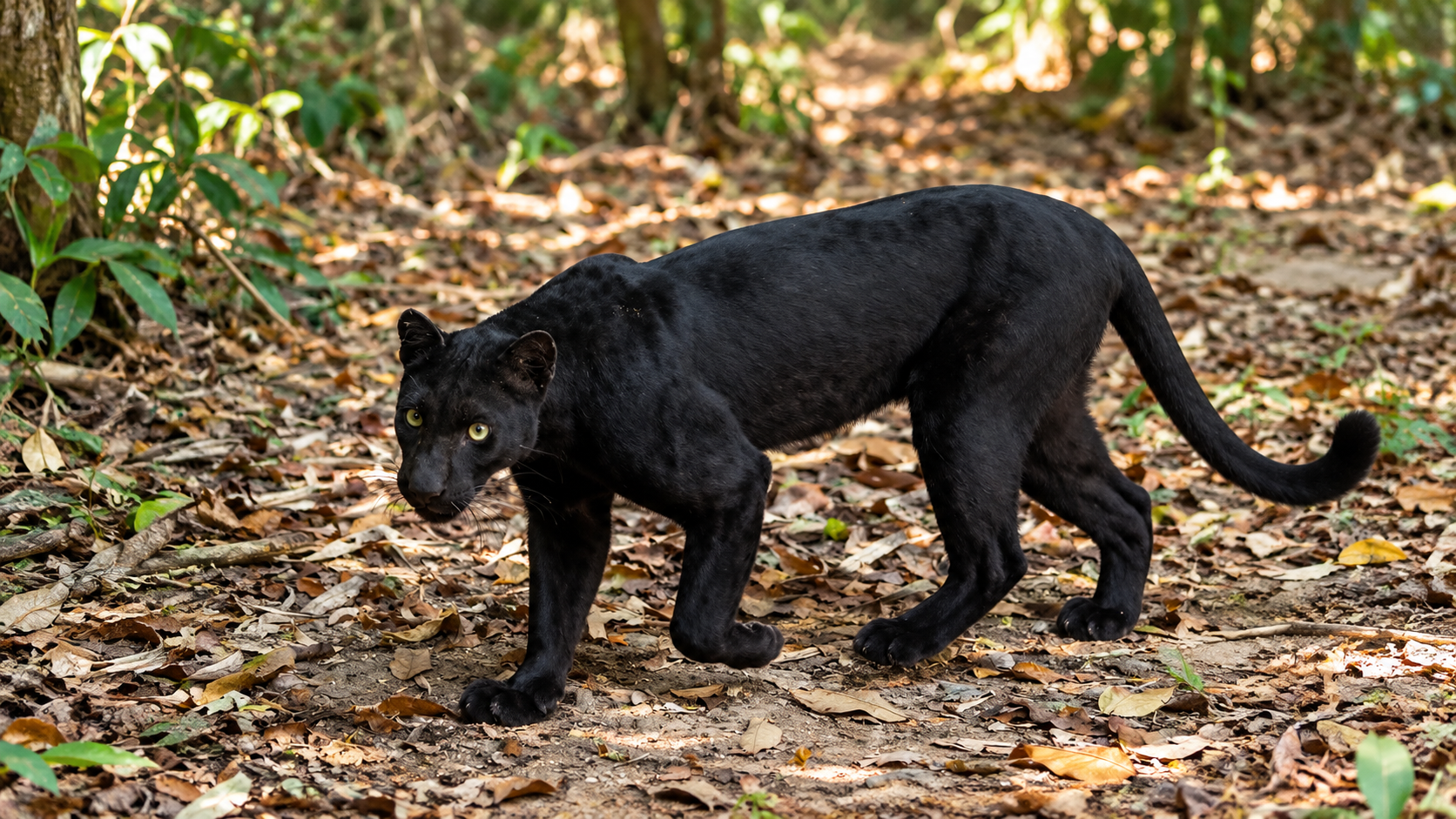 A melanistic leopard crossing a forest track in Kaeng Krachan National Park