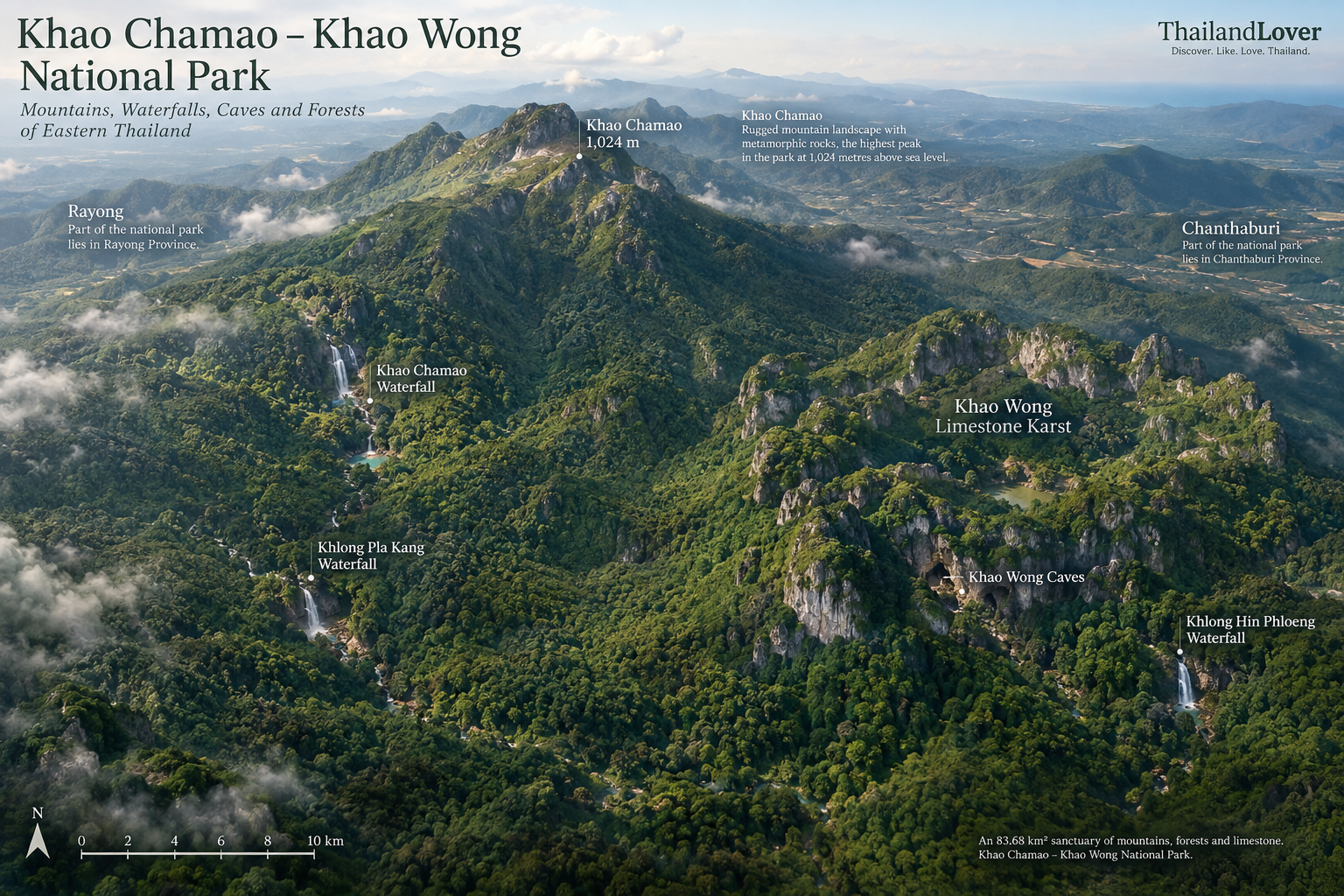 Illustrated landscape map of Khao Chamao–Khao Wong National Park showing Khao Chamao peak, waterfalls, Khao Wong limestone karst and caves across Rayong and Chanthaburi
