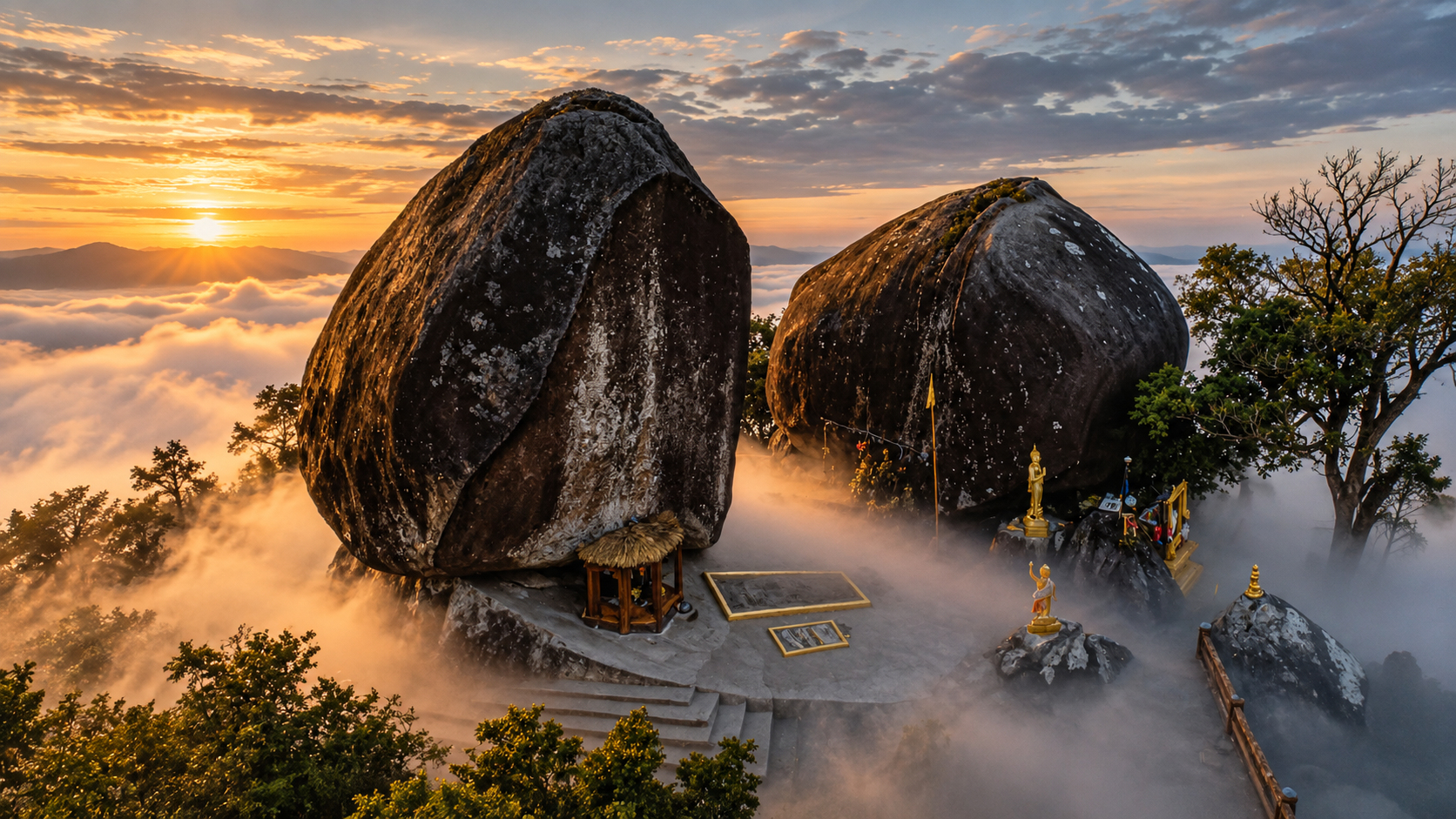Sunrise and sea of mist around the two great granite boulders at Phra Bat Phluang, Khao Khitchakut National Park