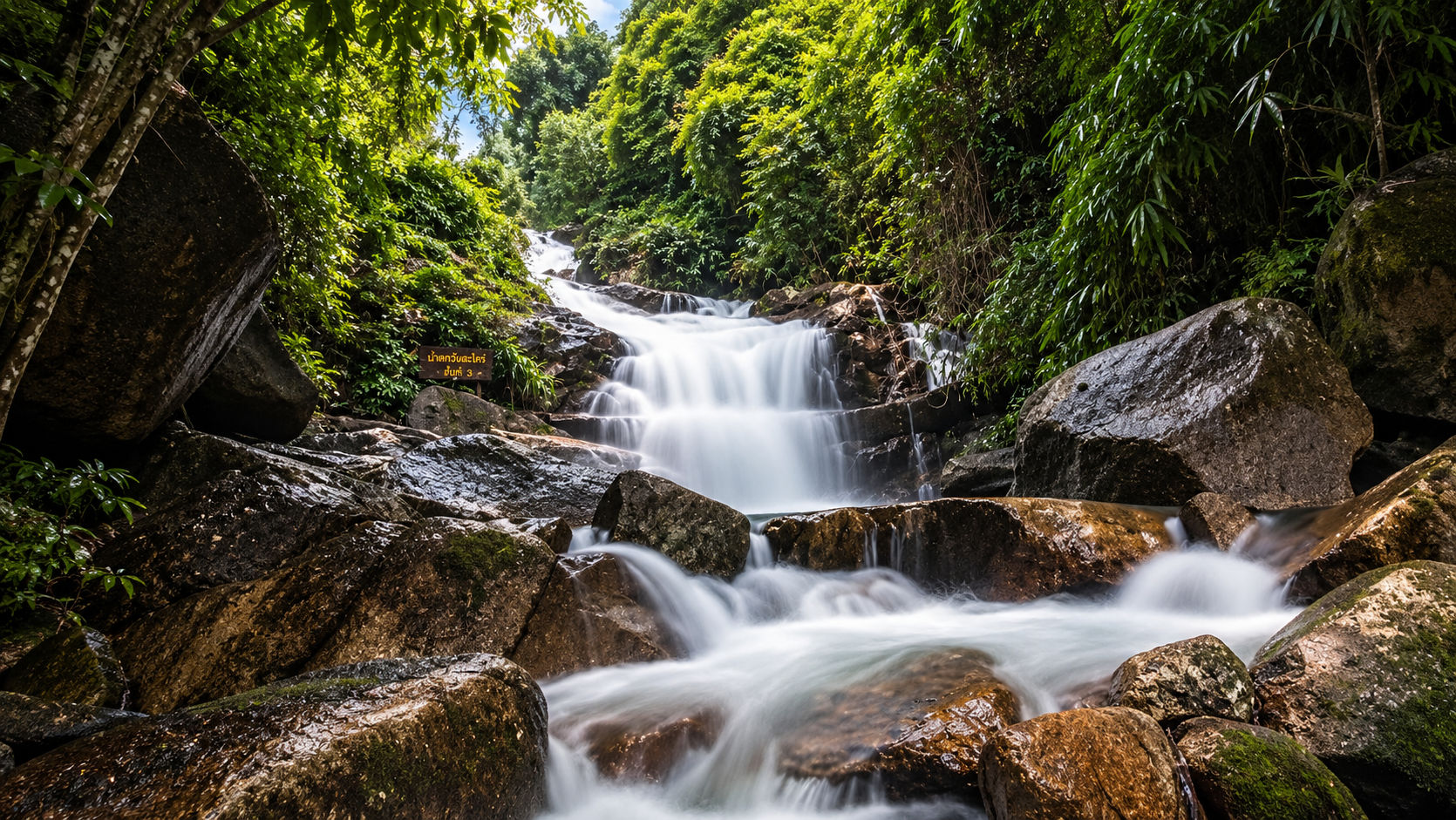 Krathing Waterfall cascading over granite boulders through tropical forest in Khao Khitchakut National Park