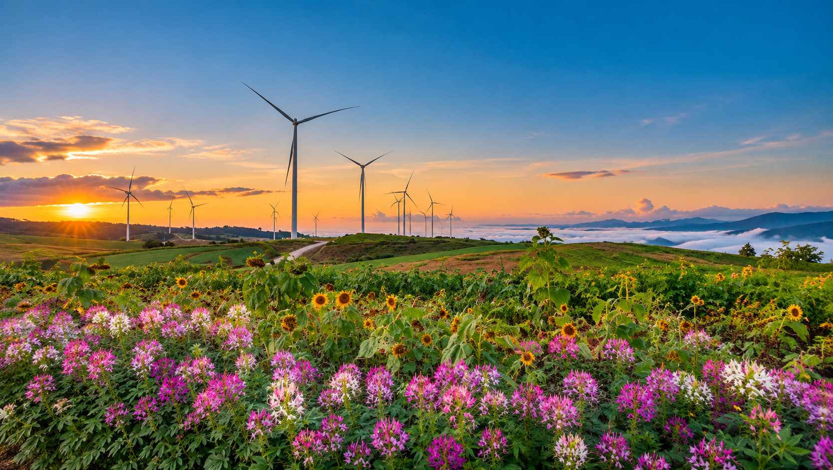 Sunrise, wildflowers and wind turbines above a sea of mist in the Khao Kho highlands, Phetchabun