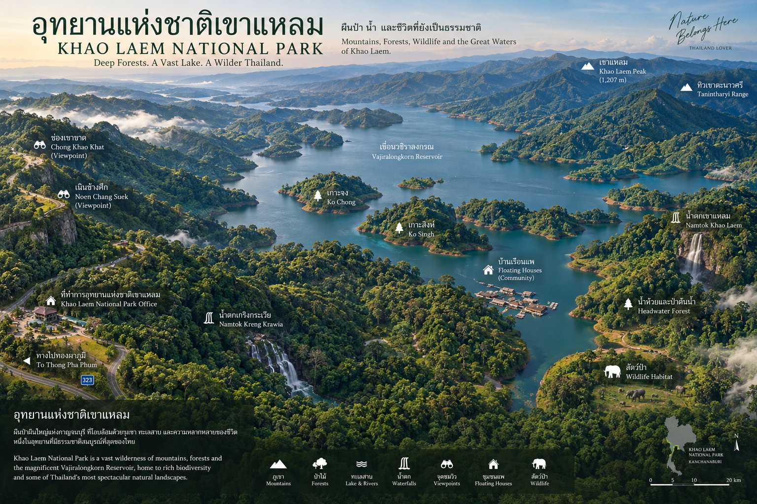 Illustrated landscape map of Khao Laem National Park showing Vajiralongkorn Reservoir, forested islands, waterfalls, viewpoints and park headquarters