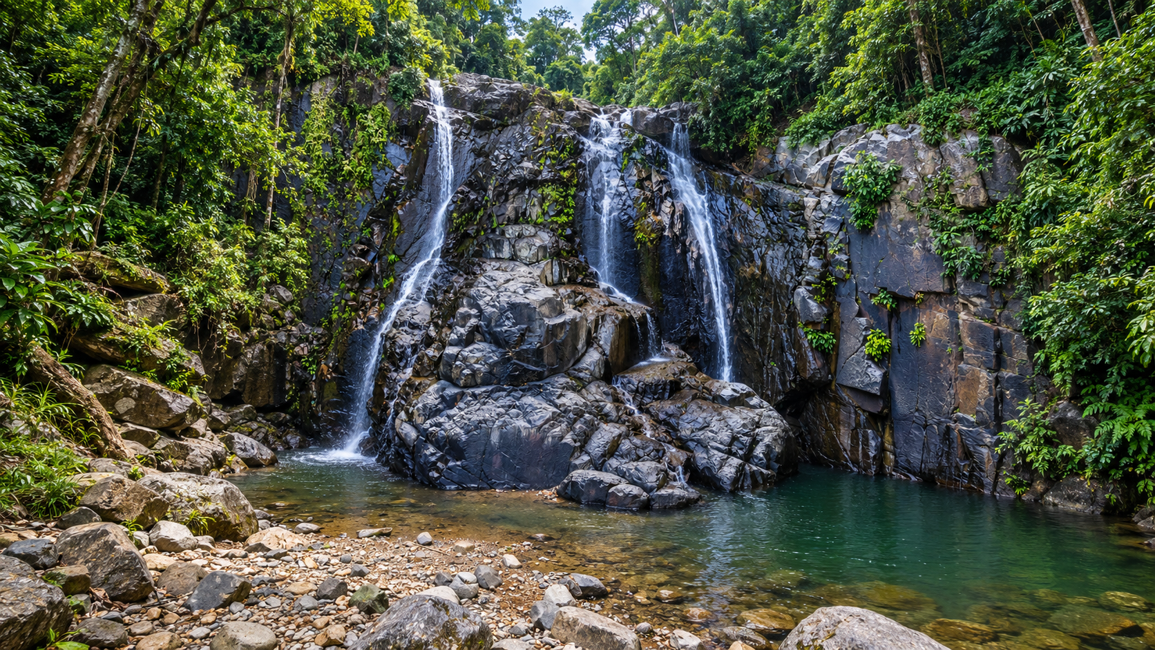 Three-stream rainforest waterfall and pool in Khao Nan National Park, Nakhon Si Thammarat — one of the park’s principal waterfall landscapes