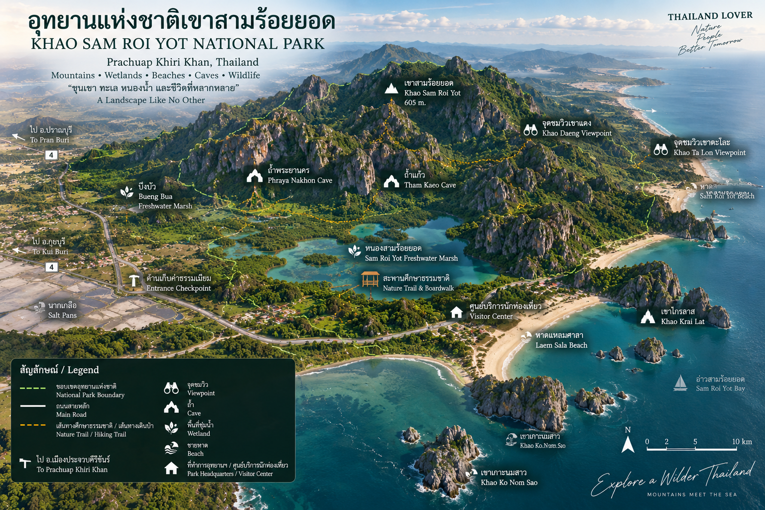 ThailandLover map of Khao Sam Roi Yot National Park showing Phraya Nakhon Cave, Bueng Bua, Laem Sala Beach, Khao Daeng Viewpoint and offshore limestone islands