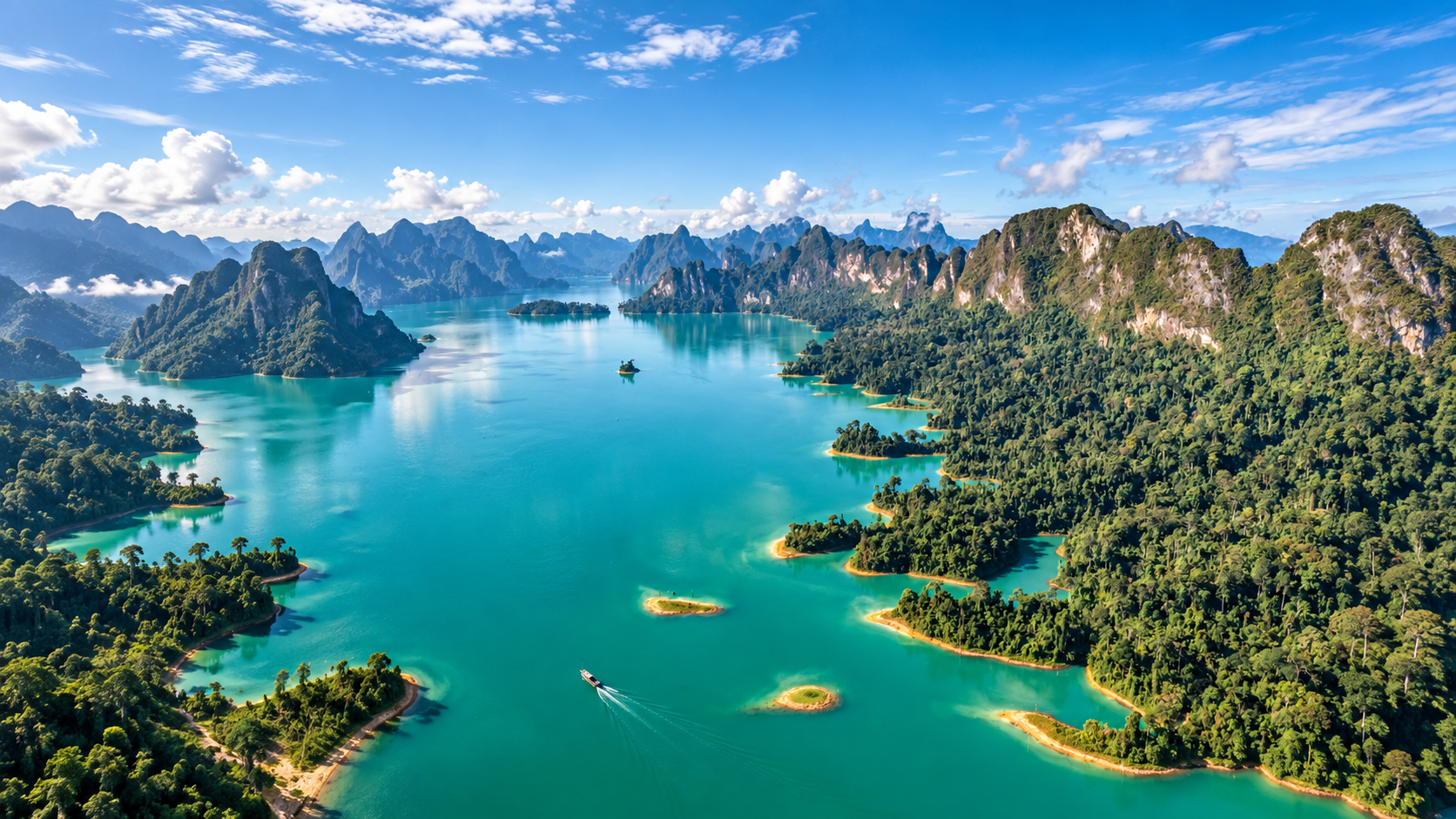 Emerald Cheow Lan Reservoir and forested limestone karst in Khao Sok National Park, Surat Thani